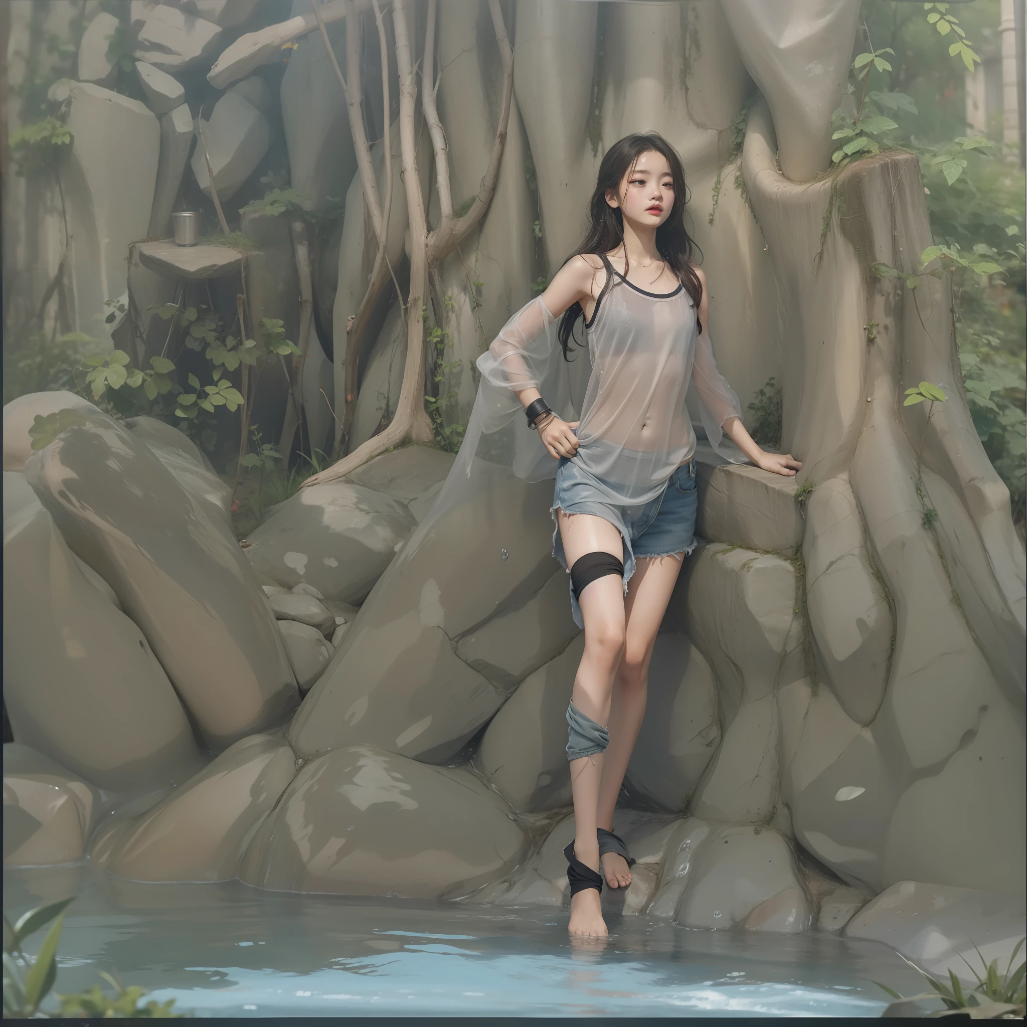 pixie,very cute female child,8 yo,Wet and see-through camisole,Playing by the river,Barefoot,Sweat, Summer,day,flat chest,BREAK masterpiece, Best Quality,Ultra-detailed,Wind,Depth,