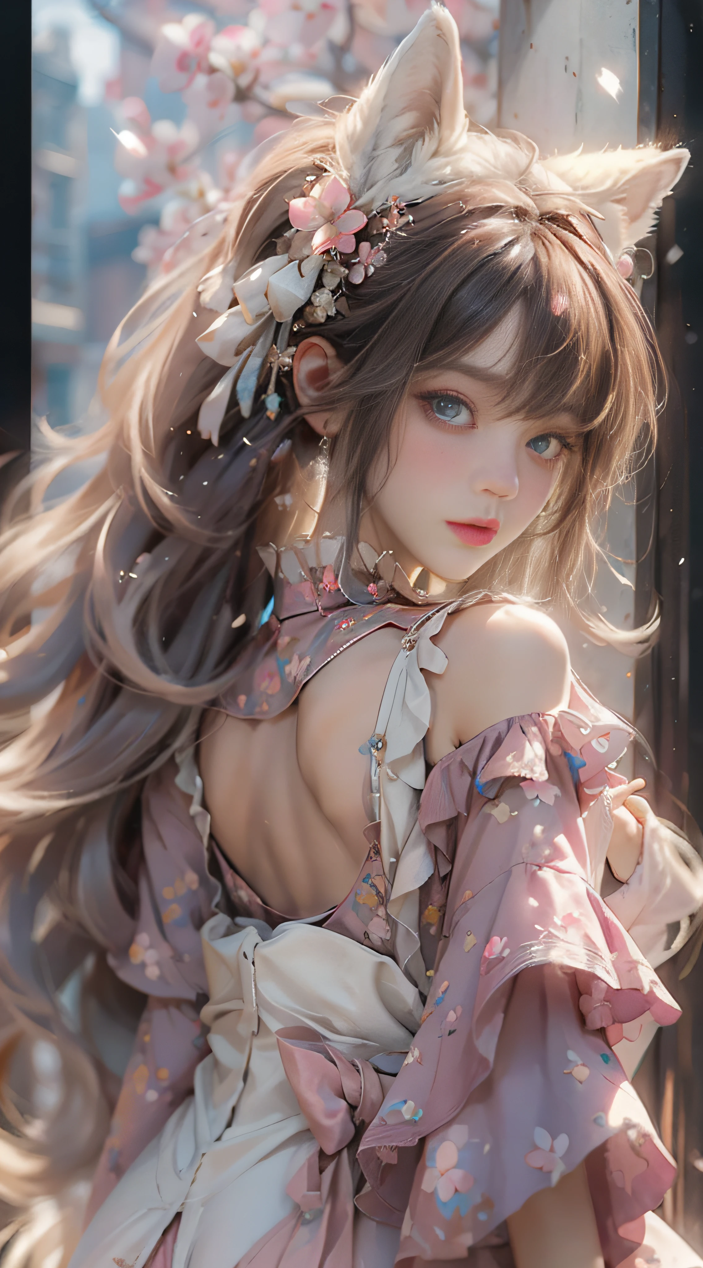 ((best qualtiy)), ((tmasterpiece)), (detail:1.4), Beautiful cyberpunk female images,hdr(HighDynamicRange),Ray traching,NVIDIA RTX,Hyper-Resolution,illusory 5,sub surface scattering,PBR textures,post-proces,Anisotropy Filtering,depth of fields,maximum definition and sharpness,Many-Layer Textures,Albedo e mapas Speculares,Surface coloring,Mitsu-Accurate simulation of material interactions,perfectly proportioned,rendering by octane,Two-colored light,largeaperture,Low ISO,White balance,Rule three points、8K raw data、Beautiful bright blue pupils,off-the-shoulder clothes,Fine pupils,Delicate face and eyes,long eyelasher,Blushlush,Delicate and fluffy hair,pink lip,Pure,Cute face,Sweet girl,Artistic sense,Casual wear,Advancedsense,butterflys,Cherry blossom petal,Beautiful hair accessories,Long hair and waist,Hair fluttering in the wind,Snow-white fox ears,curlies,Snow-white fluffy tail,Positive light,The light from the back window is backlighted