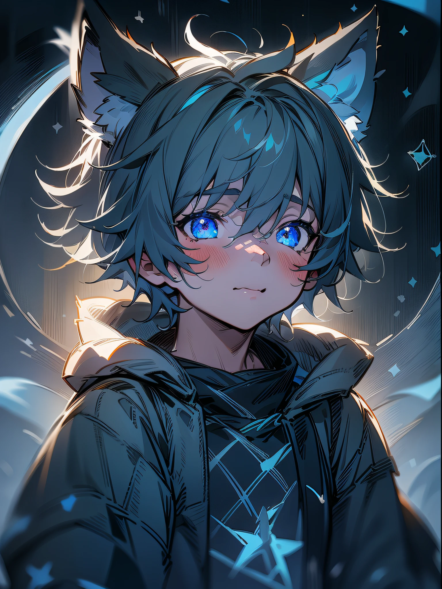 1boy, shota, cute teen character, dark gray hair, blue eyes, wolf ears, little boy, a pinch of blue bangs, looking at the stars, Masterpieces, 8k, Cinematic lighting effects, night, (solo)