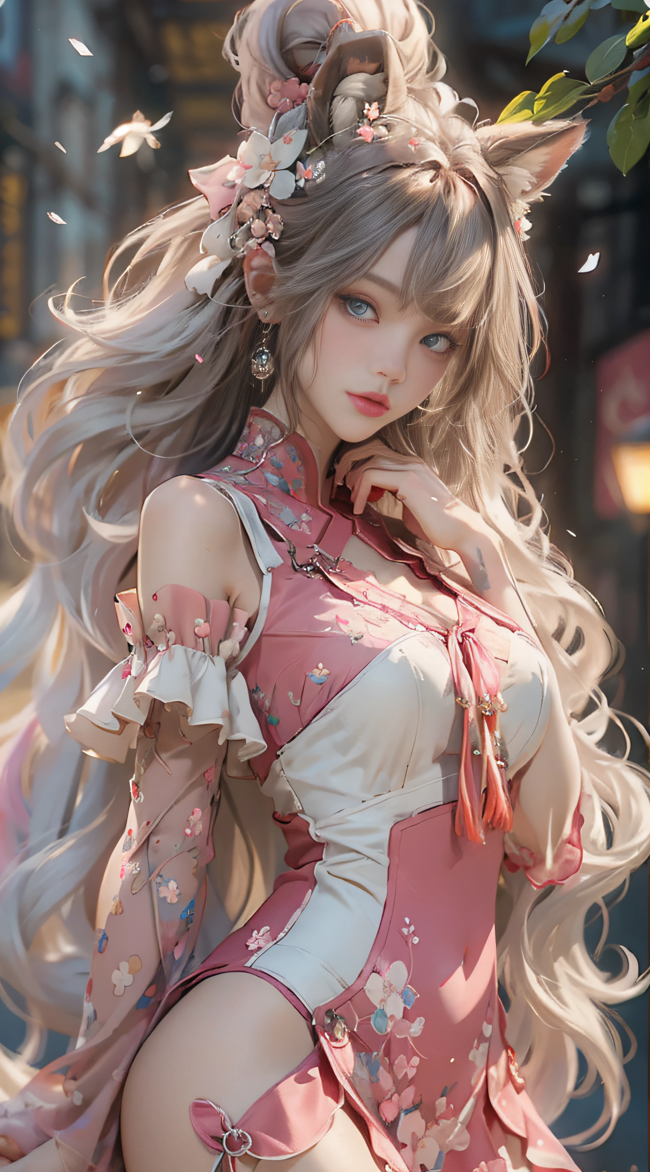 ((best qualtiy)), ((tmasterpiece)), (detail:1.4), Beautiful cyberpunk female images,hdr(HighDynamicRange),Ray traching,NVIDIA RTX,Hyper-Resolution,illusory 5,sub surface scattering,PBR textures,post-proces,Anisotropy Filtering,depth of fields,maximum definition and sharpness,Many-Layer Textures,Albedo e mapas Speculares,Surface coloring,Mitsu-Accurate simulation of material interactions,perfectly proportioned,rendering by octane,Two-colored light,largeaperture,Low ISO,White balance,Rule three points、8K raw data、Beautiful bright blue pupils,off-the-shoulder clothes,Fine pupils,Delicate face and eyes,long eyelasher,Blushlush,Delicate and fluffy hair,pink lip,Pure,Cute face,Sweet girl,Artistic sense,Casual wear,Advancedsense,butterflys,Cherry blossom petal,Beautiful hair accessories,Long hair and waist,Hair fluttering in the wind,Snow-white fox ears,curlies,Snow-white fluffy tail,Positive light,The light from the back window is backlighted