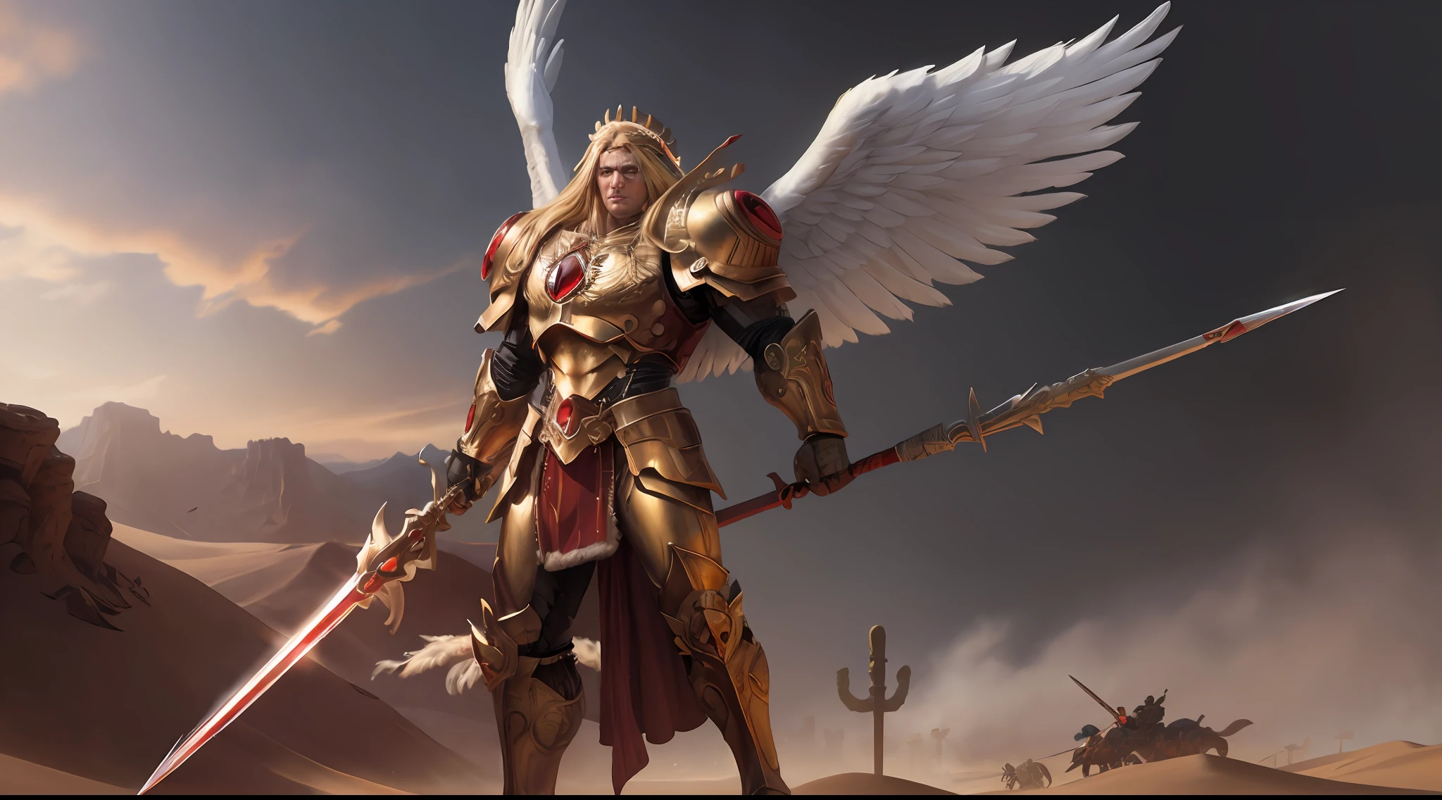 8K masterpiece, detailed, realistic, digital art, octane render, trending on artstation, action SHOT, movie poster,
multipleman, angelic features , 28 years old, tall stature, battle aged, ((solo:1.5)), full body, blonde hair, blue eyes, long hair,
full armor, power armor, laurel wreath, glowing halo, multiple wings, pauldron, angel, animal pelt, sword, spear, 
blood, flame, destruction, desert wasteland, war background,  dueling enemy, hectic battle,  
(sanguinius),