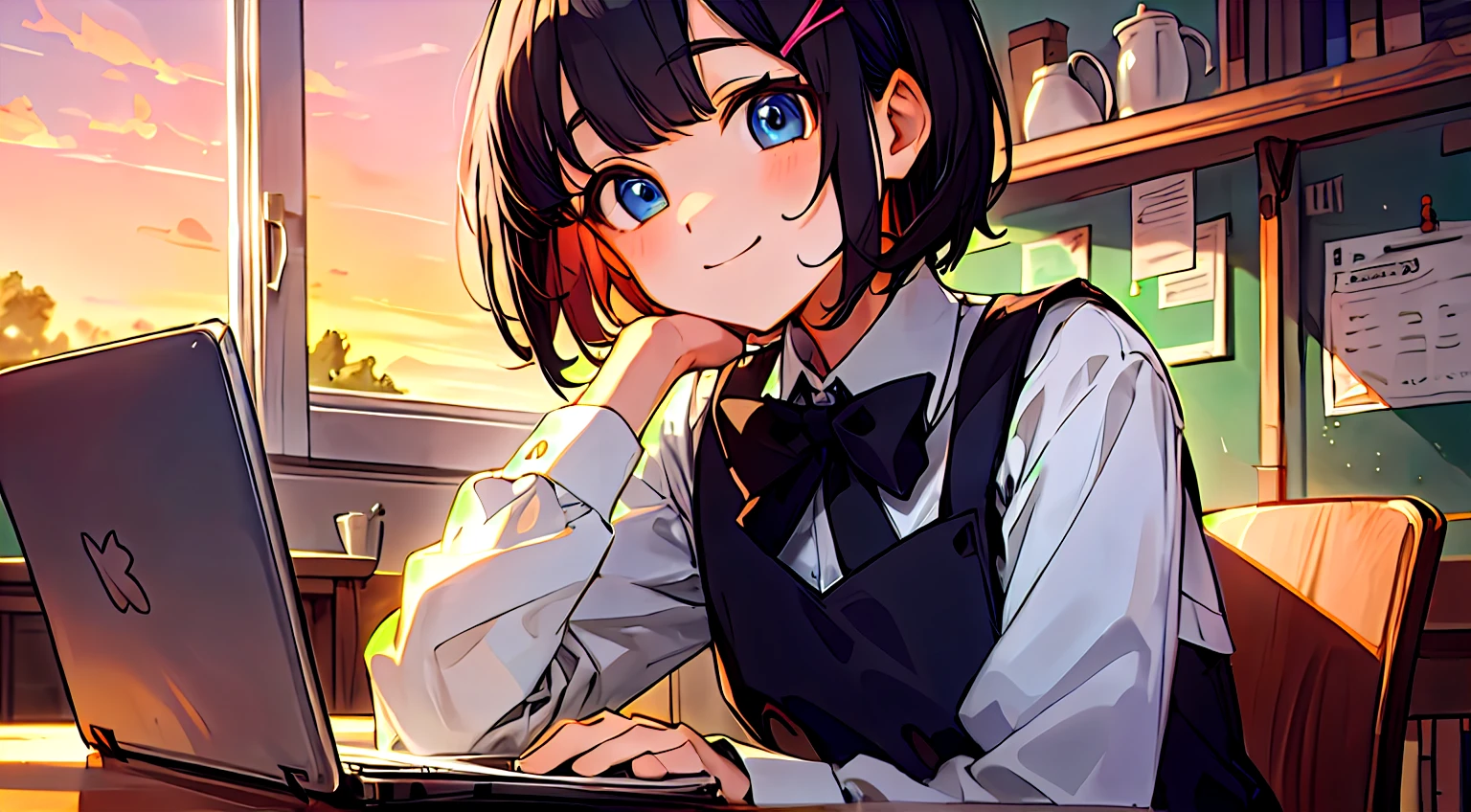 Upper body, mid-shot, femele, Detailed eyes, Arms behind, Short hair, Black hair, Bangs, Rabbit hairpins, White School Uniform, Black bow tie, Long sleeves, I am using a laptop、Inside the café, Dusk, Sunset, Smile