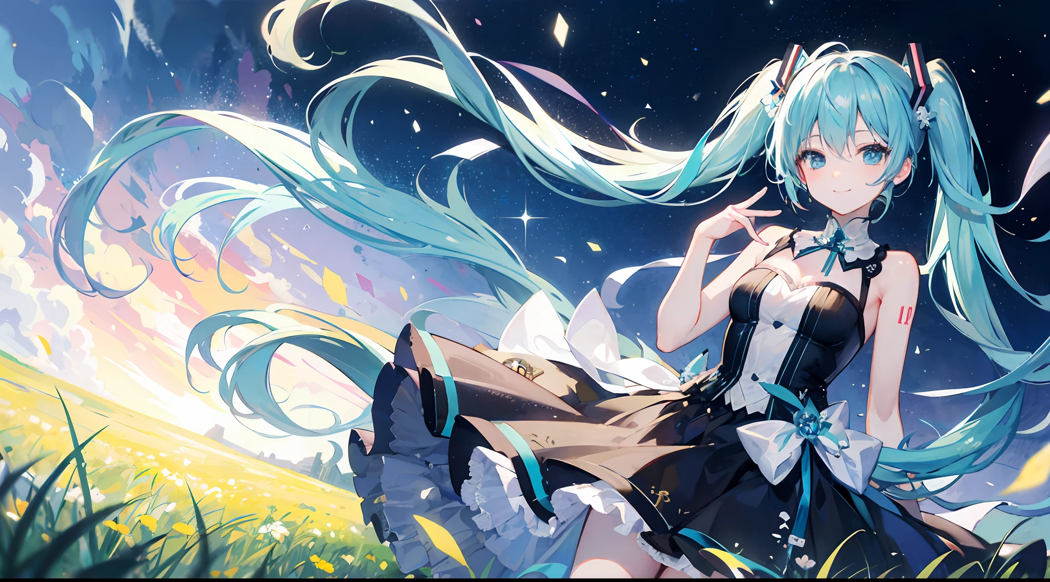 miku hatsune、grass field、A smile、Light Effects、Glittering、Graceful、top-quality、Skysky、a picture、Give me love