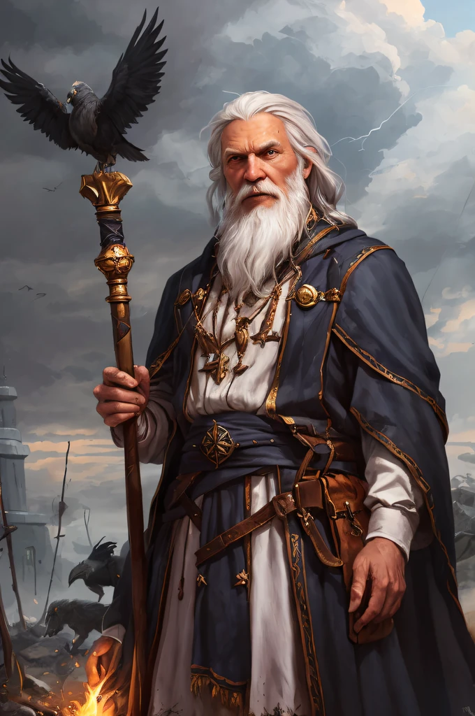 Arafard image of a man with a long white beard and a long white beard holding a staff, old male archmage, portrait of a mage, picture of a male cleric, tuomas korpi and wlop, A portrait of a wizard, painted portrait of rugged odin, closeup portrait of an mage, male wizard, portrait of merlin, Archmage