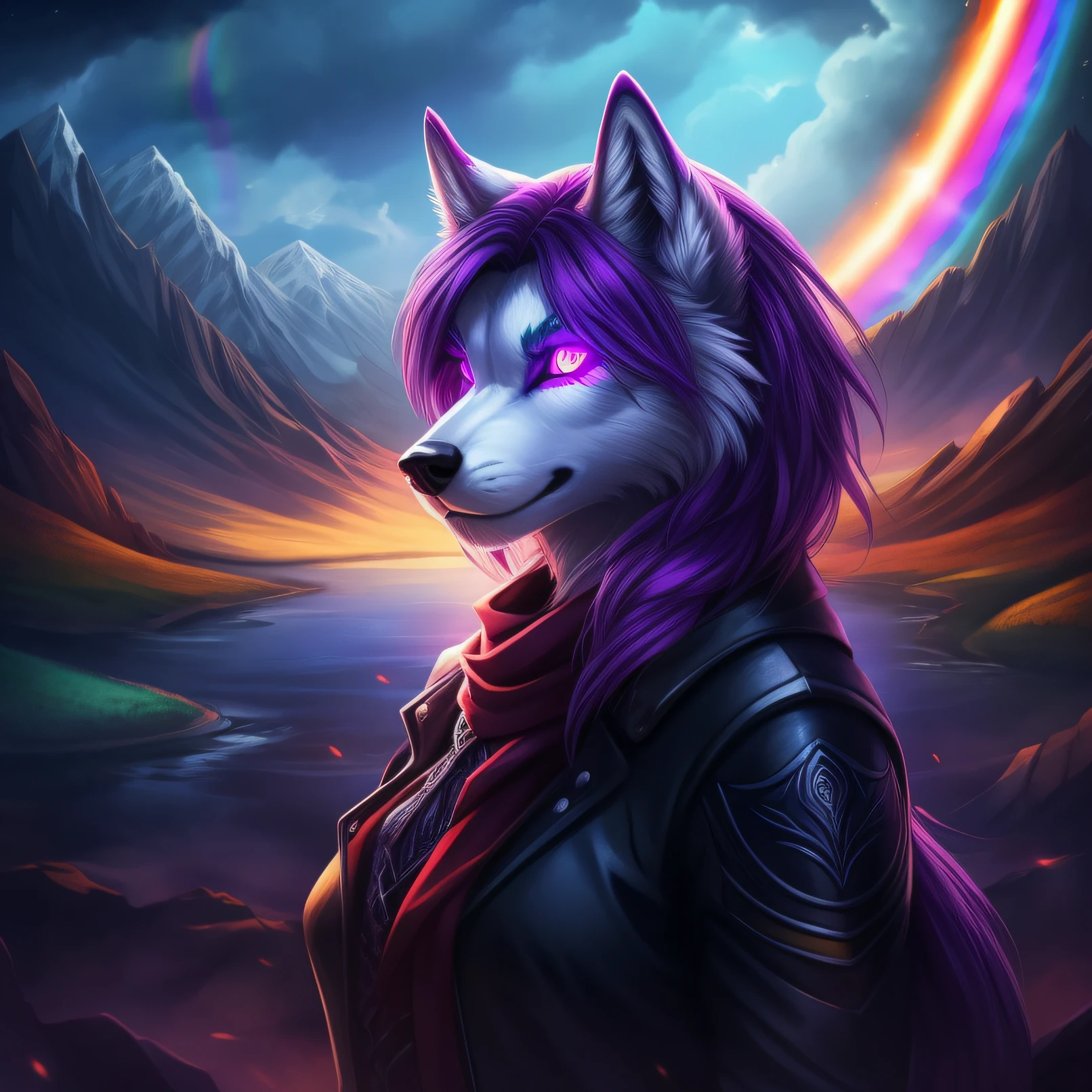 Beautiful she-wolf with purple hair and glowing eyes, purple hair stands against the background of rainbows and mountains