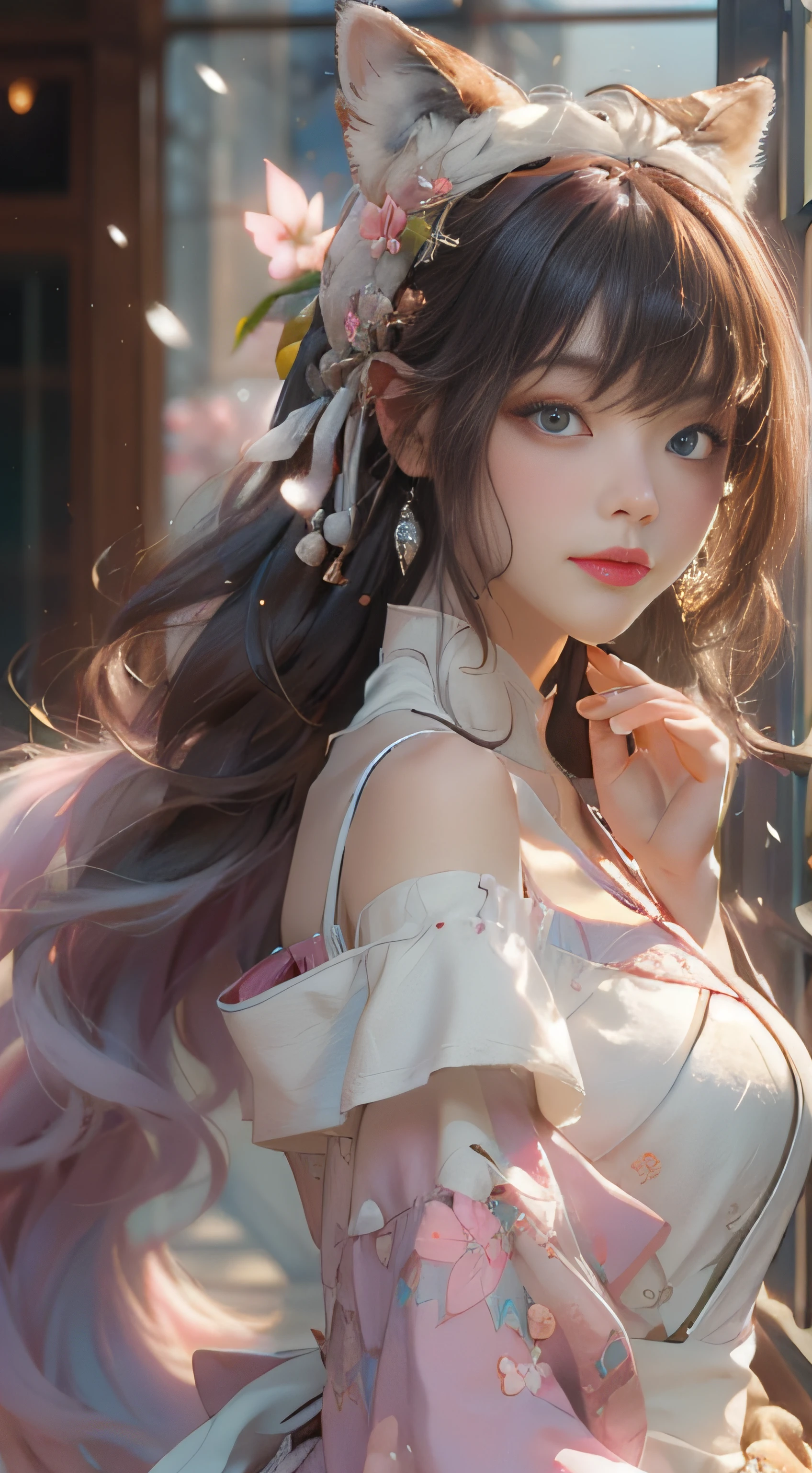 ((best qualtiy)), ((tmasterpiece)), (detail:1.4), Beautiful cyberpunk female images,hdr(HighDynamicRange),Ray traching,NVIDIA RTX,Hyper-Resolution,illusory 5,sub surface scattering,PBR textures,post-proces,Anisotropy Filtering,depth of fields,maximum definition and sharpness,Many-Layer Textures,Albedo e mapas Speculares,Surface coloring,Mitsu-Accurate simulation of material interactions,perfectly proportioned,rendering by octane,Two-colored light,largeaperture,Low ISO,White balance,Rule three points、8K raw data、Beautiful bright blue pupils,off-the-shoulder clothes,Fine pupils,Delicate face and eyes,long eyelasher,Blushlush,Delicate and fluffy hair,pink lip,Pure,Cute face,Sweet girl,Artistic sense,Casual wear,Advancedsense,butterflys,Cherry blossom petal,Beautiful hair accessories,Long hair and waist,Hair fluttering in the wind,Snow-white fox ears,curlies,Snow-white fluffy tail,Positive light,The light from the back window is backlighted