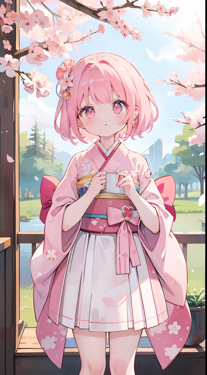 One girl、hime cut、cute little、cherry trees、Sakura blizzard、kimono、Wide cuffs、A pink-haired、Pink eyes、masterpiece、top-quality、Top image quality