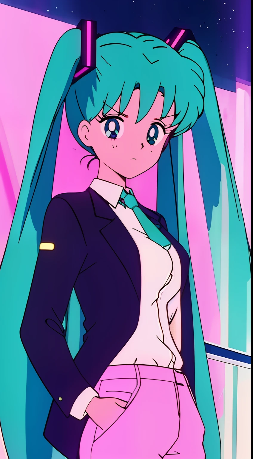 Wear a jacket,Big breasts Hatsune Miku,Under neon lights,looking at the stars