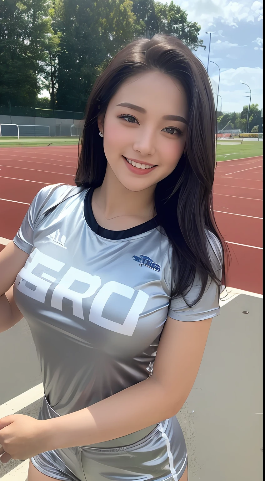 One woman and one short boy, a woman wearing a shiny truck costume is grabbed by the boy next to her with both hands (beautiful college girl in truck costume, best quality, high definition, 8k, 1 girl, outside the athletics stadium, 1 girl, shiny track costume (satin track outfit: 1.4, silver gray: 1.5) (black hair, big: 1.4), (upper body: 1.2), Watch the viewer and smile), outside, boy grabbing the breasts of a woman in truck costume with both hands (T-shirt, shorts, grabbing a woman's breasts with both hands)