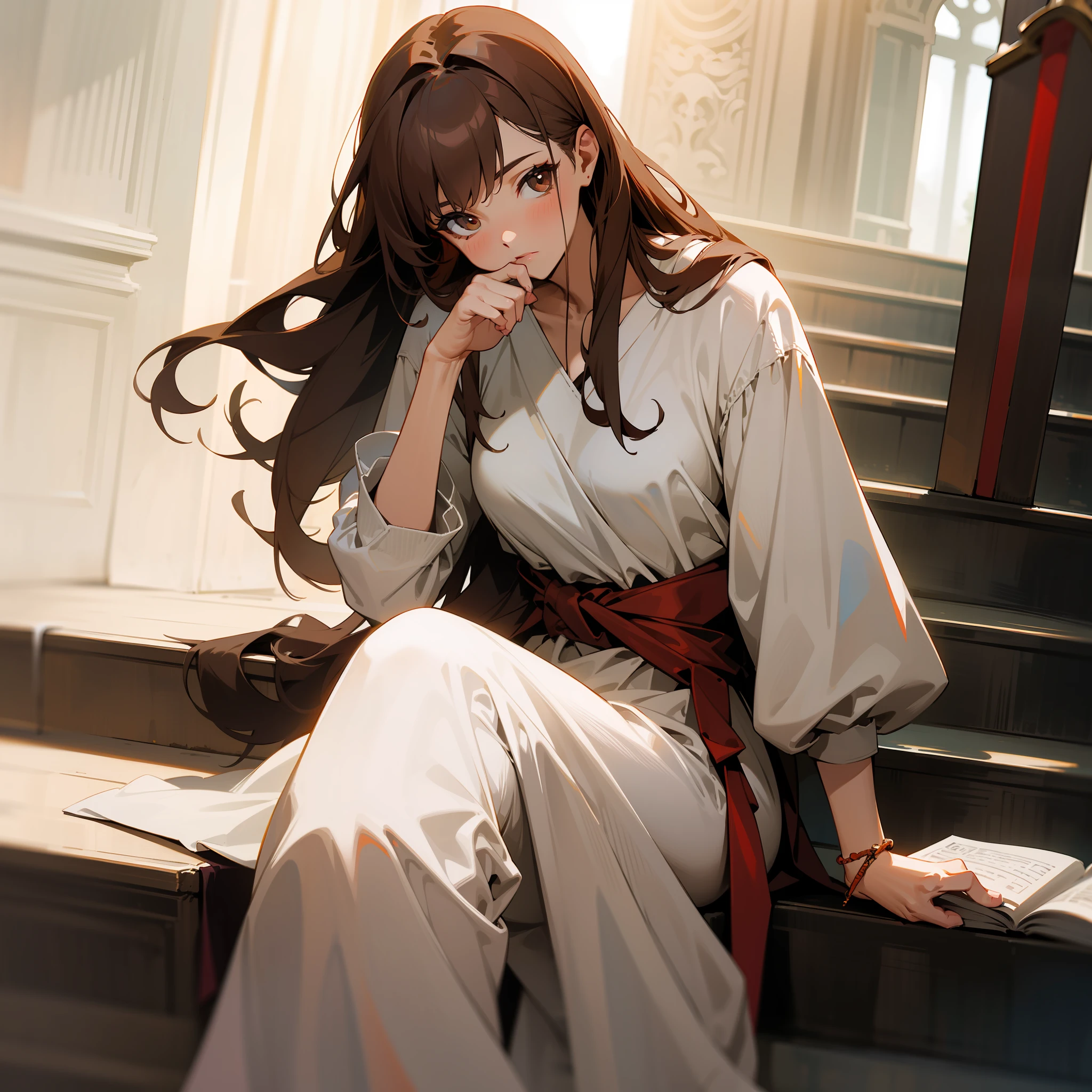 A long, brown-haired woman sitting on the steps, dressed in white pajamas and a red sword hanging from her waist, was reading a book