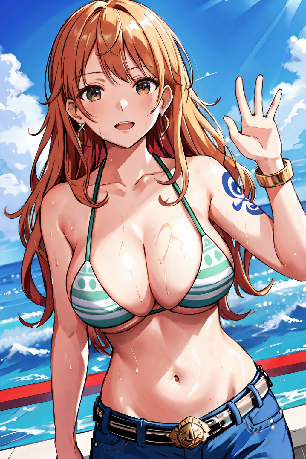 detailed background, masterpiece, 4k, best quality, late youth, adult, wrestler body, 1girl, active, energic, uppercut, (large mouth) , solo, nami \(one piece\), 1girl, bangle, (very wet, drenched in sweat, sweat all over body, very wet hair, tired, taking breath, open mouth, sweaty face, sweaty body, panting, sweating too much, shiny sweat, sweat stains, leaning forward, tilting, both hands waving good bye, both hands up, bruises on body), perfect detailed face, bold drawing lines, muscular arms, detailed bold arm lines, flat jaw, adult woman, wavy wide streaked bangs,(very long left side bangs, lock of hair upward), floating bang streaks, (big cheeks), bare shoulders, off-shoulders, belt, bikini, bikini top only, blue sky, bracelet, springy breasts, breast lines, big round eyes, plain big brown shiny eyes, bubbles, high eye position, cleavage, cloud, day, denim, earrings, floating hair, shiny hair, green belt, green bikini, bold groin lines, jeans, jewelry, large breasts, log pose, long hair, looking at viewer, navel, wet hair, orange hair, pants, shoulder tattoo, sidelocks, sky, solo, standing, stomach, swimsuit, tattoo , looking at viewer, open mouth, detailed left arm, big forehead, hourglass figure, small head, toned body, wide hair, wind effect, sun effect, under the sun, narrow small ears angle, older, random poses,