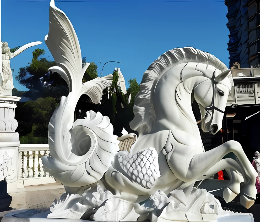 Guerreiro monta o cavalo e uma sereia , , vista completa do cavalo-marinho, monstrous statues of animals, white marble sculpture, marble sculptures, marble carving, sculpture of carving marble, cavalo-marinho, marble carving, animal - statue in shape, Seahorse, baroque vaporwave statue, made of marble