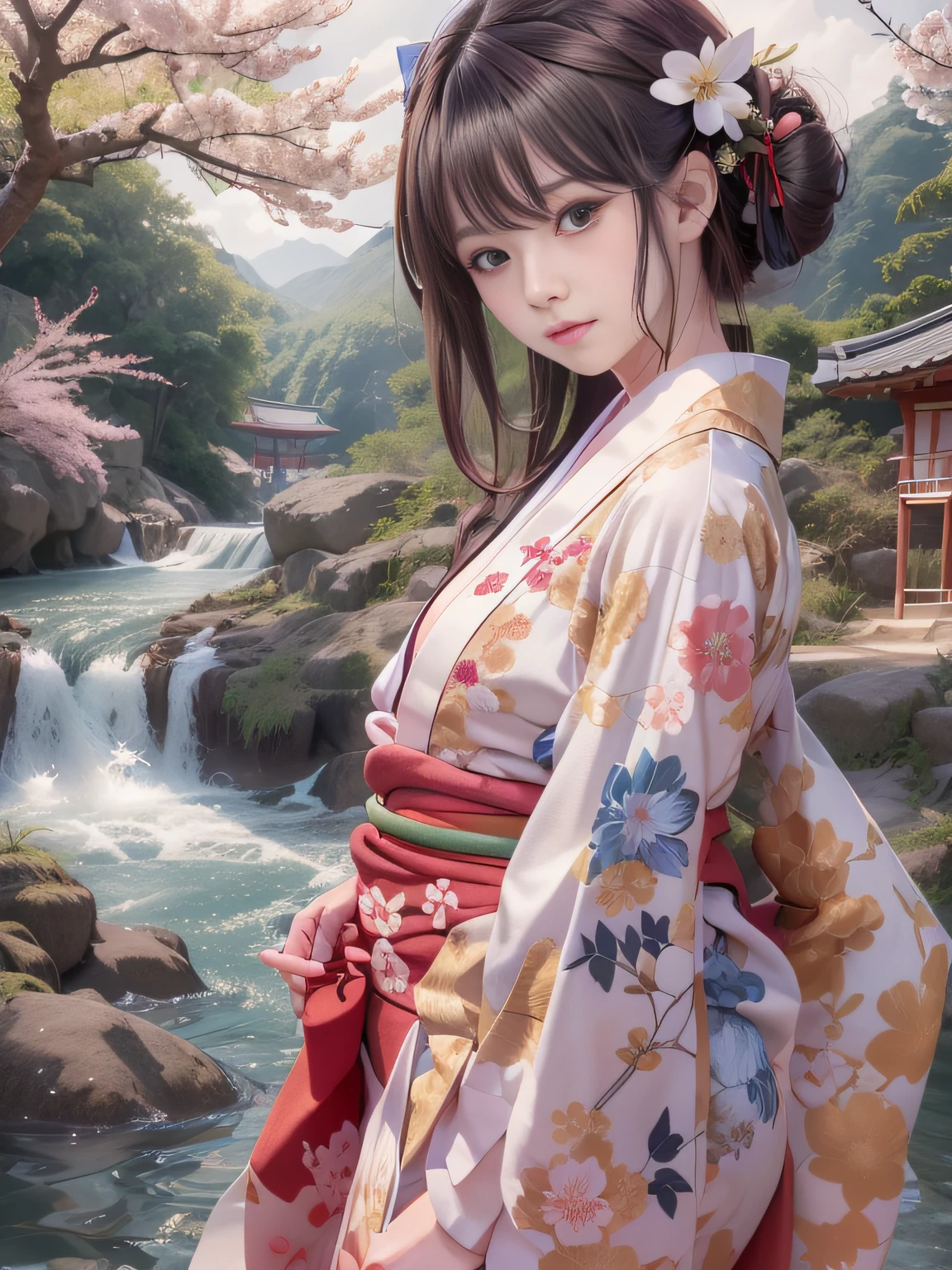 surrealism, Anatomically correct, masutepiece, Textured skin, Super Detail, high details, Best Quality, awardwinning, hight resolution, Arafin woman in yukata playing in river water at 8k waterfall, classy yukata clothing, pale and coloured kimono, bath robe, japanese kimono, informal summer kimono, red kimono with flower patterns, Wearing kimono, Kimono, Wearing a kimono, Classic kimono, flowing sakura silk、((small tits,Thin leg,skinny thigh)),slim figure,extremely detailed eye and face、beatiful detailed eyes,Realistic high school girl,Cool scenery,Cute  girl s,Beautiful skins,finely detail