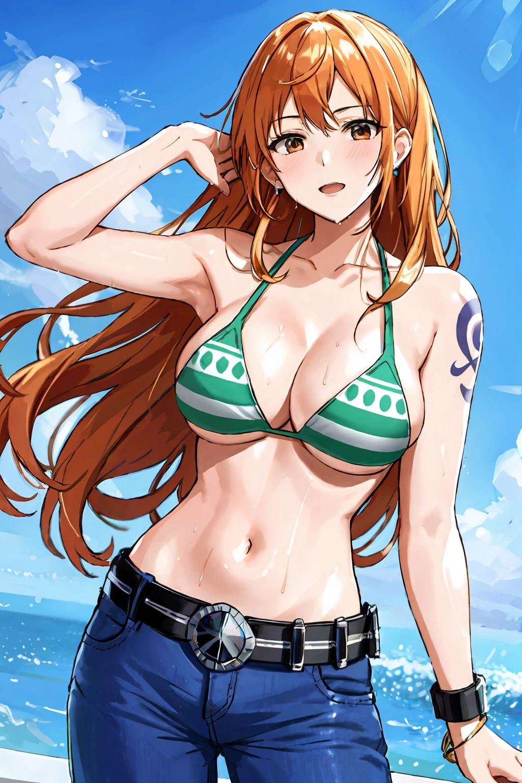 detailed background, masterpiece, 4k, best quality, late youth, adult, wrestler body, 1girl, active, energic, uppercut, (large mouth) , solo, nami \(one piece\), 1girl, bangle, (very wet, drenched in sweat, sweat all over body, very wet hair, tired, taking breath, open mouth, sweaty face, sweaty body, panting, sweating too much, shiny sweat, sweat stains, leaning forward, tilting, both hands waving good bye, both hands up, bruises on body), perfect detailed face, bold drawing lines, muscular arms, detailed bold arm lines, flat jaw, adult woman, wavy wide streaked bangs,(very long left side bangs, lock of hair upward), floating bang streaks, (big cheeks), bare shoulders, off-shoulders, belt, bikini, bikini top only, blue sky, bracelet, springy breasts, breast lines, big round eyes, plain big brown shiny eyes, bubbles, high eye position, cleavage, cloud, day, denim, earrings, floating hair, shiny hair, green belt, green bikini, bold groin lines, jeans, jewelry, large breasts, log pose, long hair, looking at viewer, navel, wet hair, orange hair, pants, shoulder tattoo, sidelocks, sky, solo, standing, stomach, swimsuit, tattoo , looking at viewer, open mouth, detailed left arm, big forehead, hourglass figure, small head, toned body, wide hair, wind effect, sun effect, under the sun, narrow small ears angle, older, random poses,