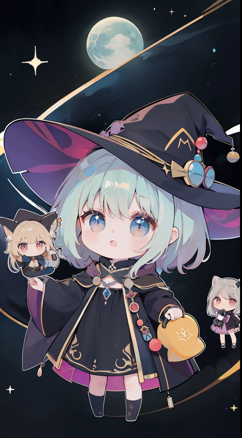 Chibi、Mini、sorcerer、witch outfit、witch's hat、​masterpiece、top-quality、Top image quality