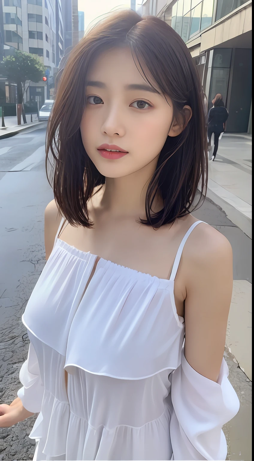 ((Best Quality, 8K, Masterpiece:1.3)), Focus: 1.2, Perfect Body Beauty: 1.4, Buttocks: 1.2, ((Layered Haircut, Breasts: 1.2)), (Wet Clothes: 1.1) , (Rain, Street:1.3), Bandeau Dress: 1.1, Highly Detailed Face and Skin Texture, Delicate Eyes, Double Eyelids, Whitened Skin, Long Hair