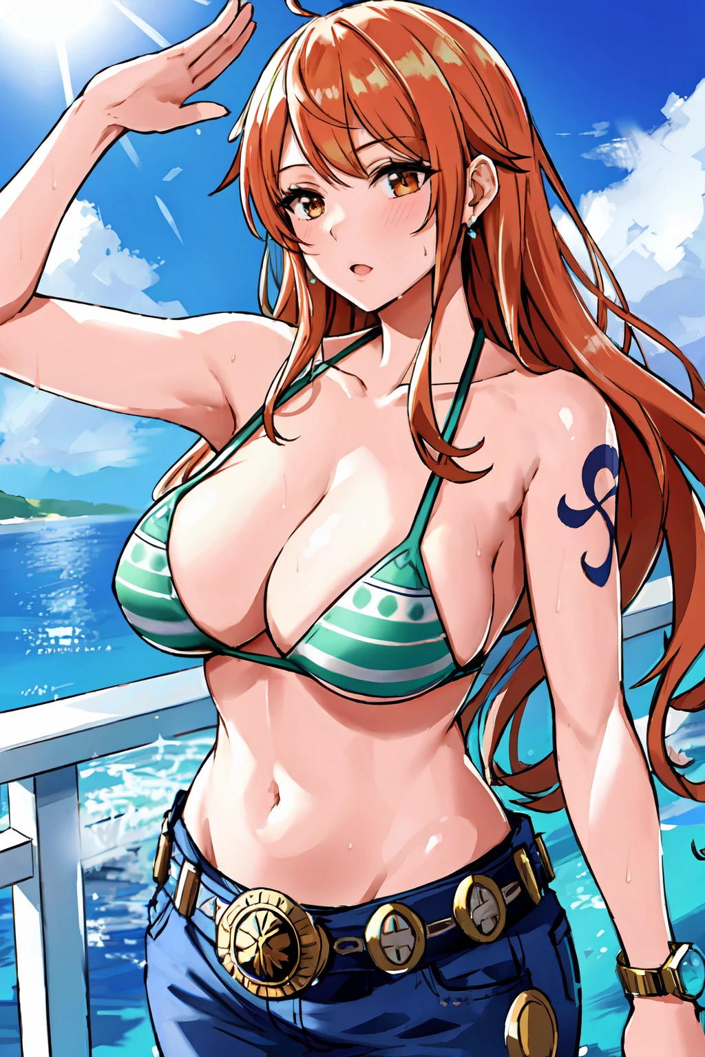 detailed background, masterpiece, 4k, best quality, late youth, adult, wrestler body, 1girl, active, energic, uppercut, (large mouth) , solo, nami \(one piece\), 1girl, bangle, (very wet, drenched in sweat, sweat all over body, very wet hair, tired, taking breath, open mouth, sweaty face, sweaty body, panting, sweating too much, shiny sweat, sweat stains, leaning forward, tilting, both hands waving good bye, both hands up, bruises on body), perfect detailed face, bold drawing lines, muscular arms, detailed bold arm lines, flat jaw, adult woman, wavy wide streaked bangs,(very long left side bangs, lock of hair upward), floating bang streaks, (big cheeks), bare shoulders, off-shoulders, belt, bikini, bikini top only, blue sky, bracelet, springy breasts, breast lines, big round eyes, plain big brown shiny eyes, bubbles, high eye position, cleavage, cloud, day, denim, earrings, floating hair, shiny hair, green belt, green bikini, bold groin lines, jeans, jewelry, large breasts, log pose, long hair, looking at viewer, navel, wet hair, orange hair, pants, shoulder tattoo, sidelocks, sky, solo, standing, stomach, swimsuit, tattoo , looking at viewer, open mouth, detailed left arm, big forehead, hourglass figure, small head, toned body, wide hair, wind effect, sun effect, under the sun, narrow small ears angle, older, random poses,