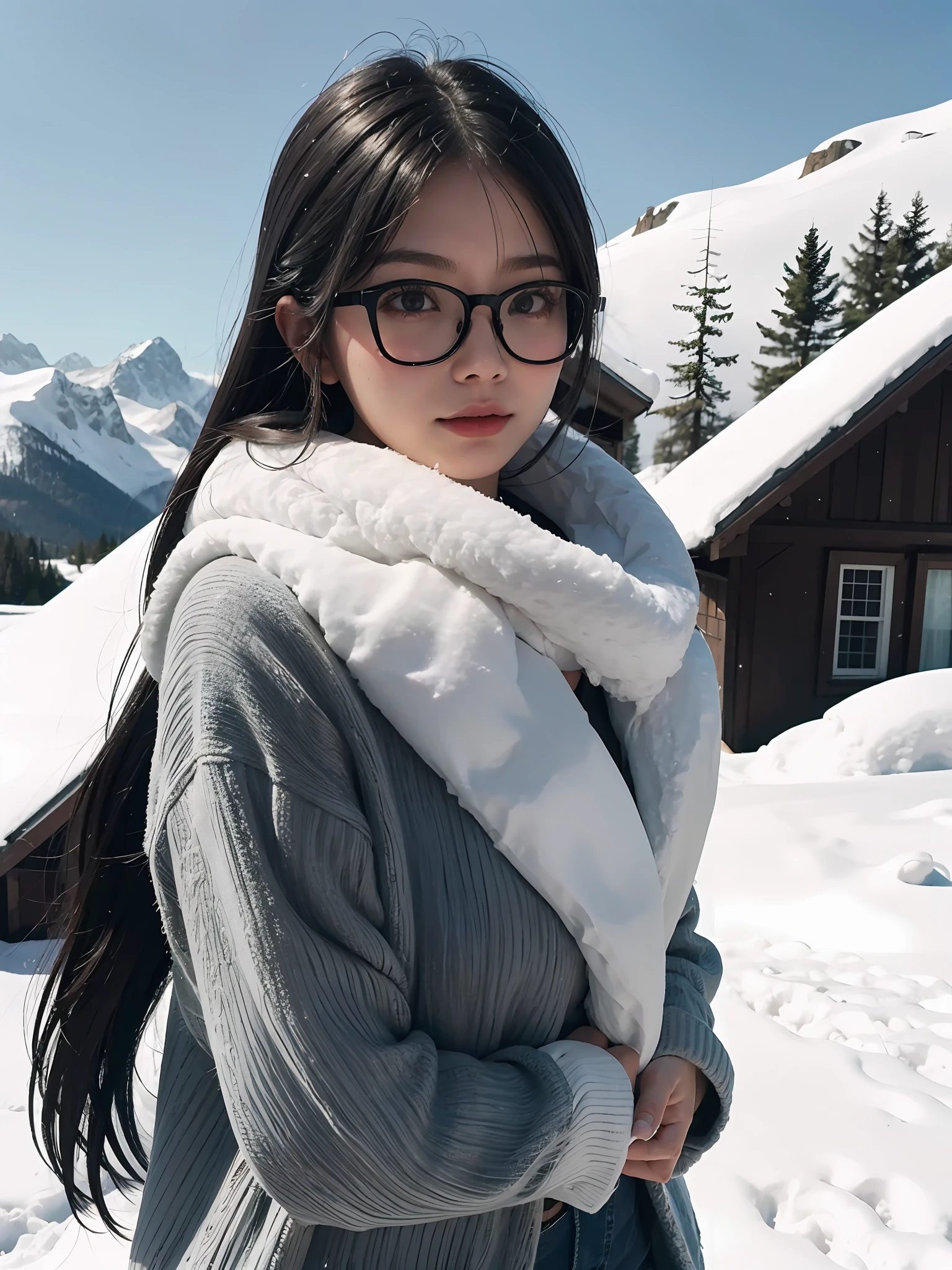 masterpiece, best quality, 1girl, black hair, long hair, glasses, medium breasts, casual, Over the mountains of snow, winter clothes,