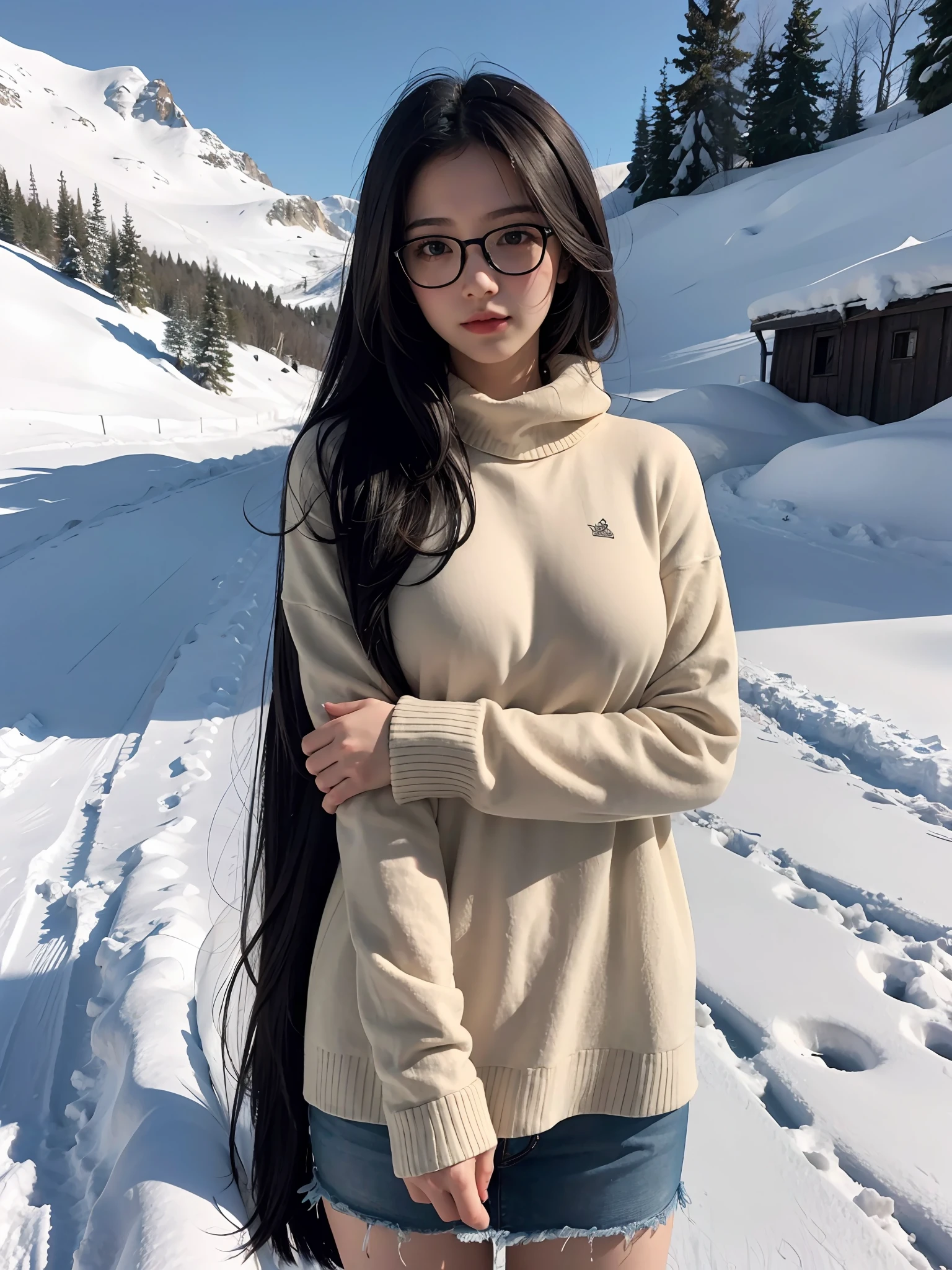 masterpiece, best quality, 1girl, black hair, long hair, glasses, medium breasts, casual, Over the mountains of snow, winter clothes,
