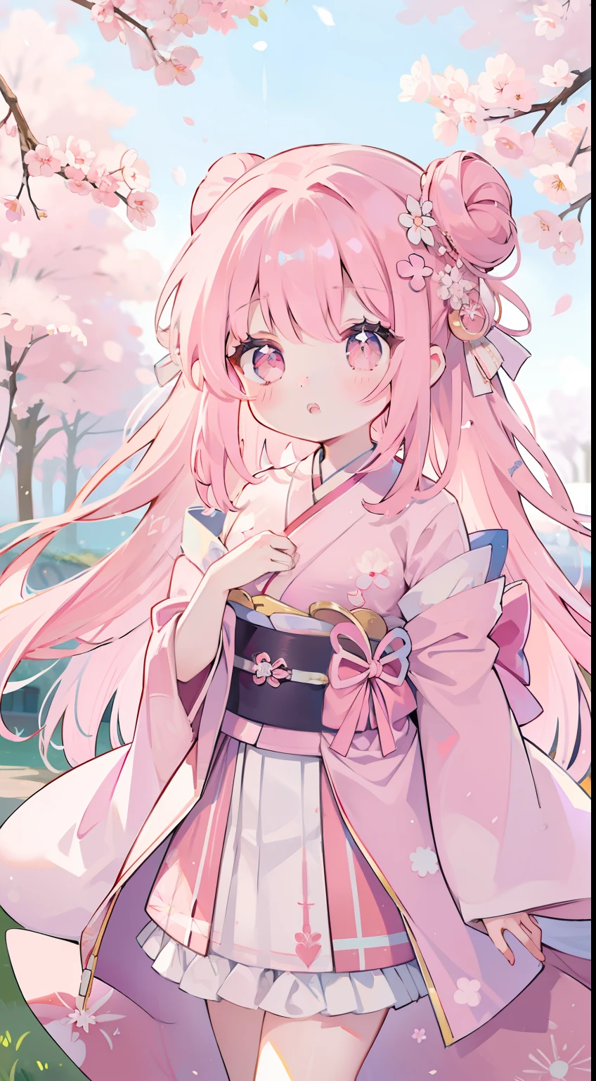 One girl、hime-cut、Very long hair、cute little、cherry trees、Sakura blizzard、Kimono、Fluffy ribbon、A pink-haired、Pink eyes、​masterpiece、top-quality、Top image quality