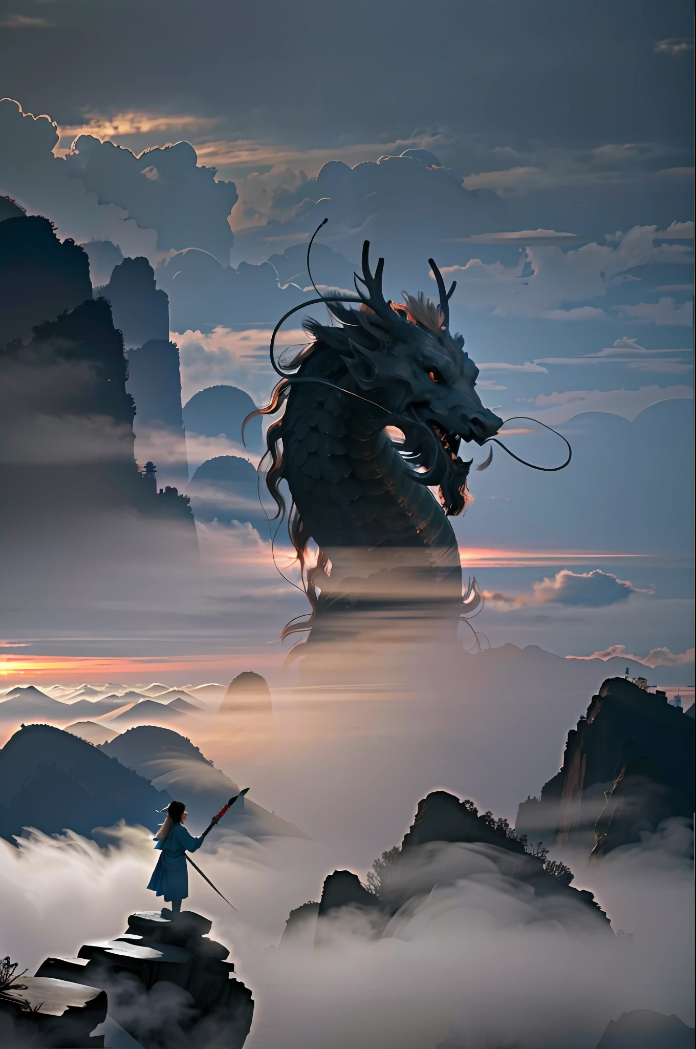 (RAW photo, best quality), (realistic, photo-realistic:1.3), extremely delicate and beautiful, Amazing, finely detail, masterpiece, ultra-detailed, highres,(best illustration), (best shadow),intricate, A beautiful female Taoist priest stands atop a mist-shrouded mountain peak, her right hand raised diagonally, wielding a long sword,from back,in front of a Chinese loong,(loong:1.4),clouds,storm,mountains,sunset, sharp focus, volumetric fog, 8k UHD, DSLR, high quality, (film grain:1.4), Fujifilm XT3,loong