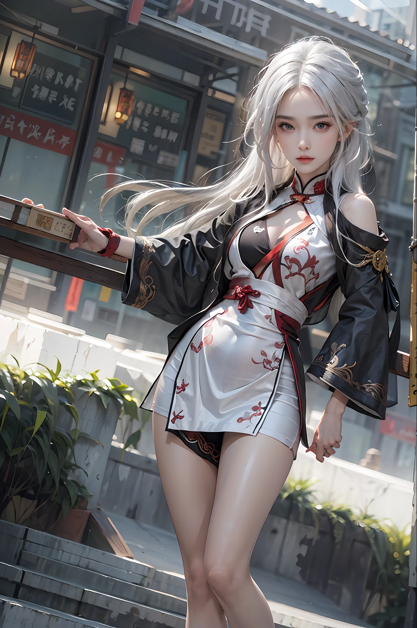 photorealistic, high resolution, 1 women, solo, hips up, look at viewer, (detailed face), white hair, long hair, medium breasts, black kungfu clothes