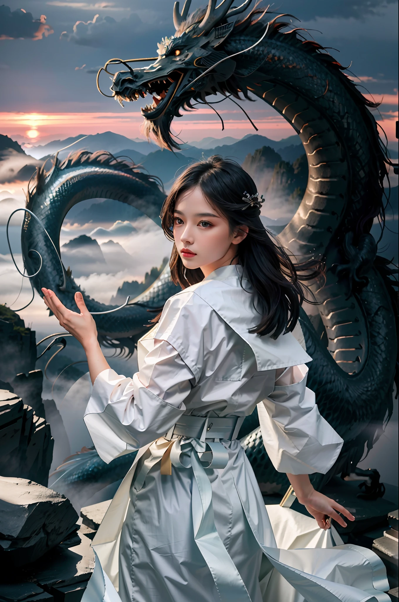 (RAW photo, best quality), (realistic, photo-realistic:1.3), extremely delicate and beautiful, Amazing, finely detail, masterpiece, ultra-detailed, highres,(best illustration), (best shadow),intricate, A beautiful female Taoist priest stands atop a mist-shrouded mountain peak, her right hand raised diagonally, wielding a long sword,from back,in front of a Chinese loong,(loong:1.4),clouds,storm,mountains,sunset, sharp focus, volumetric fog, 8k UHD, DSLR, high quality, (film grain:1.4), Fujifilm XT3,loong