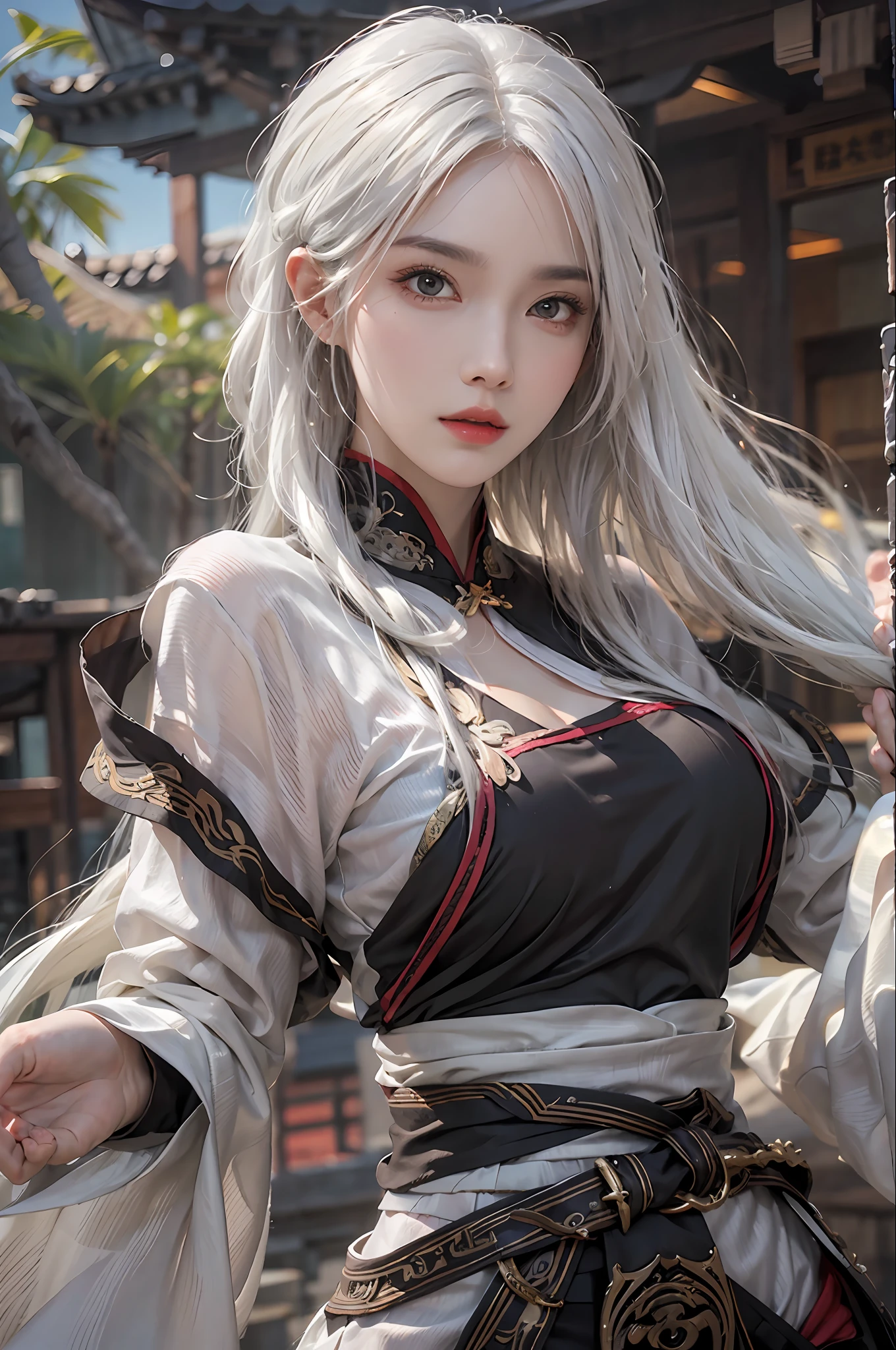 photorealistic, high resolution, 1 women, solo, hips up, look at viewer, (detailed face), white hair, long hair, medium breasts, black kungfu clothes