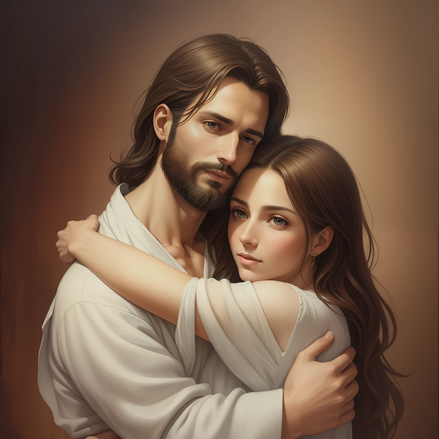 A beautiful ultra-thin realistic portrait of Jesus, the prophet, a man 34 years old Hebrew brunette, short brown hair, long brown beard, with, falling woman in arms, wearing long linen tunic closed on the chest part, in front view, full body, biblical, realistic,by Diego Velázquez,Peter Paul Rubens,Rembrandt,Alex Ross,8k, Concept Art, PhotoRealistic, Realistic, Illustration, Oil Painting, Surrealism, HyperRealistic, hugging in arms , Digital art, style, watercolor