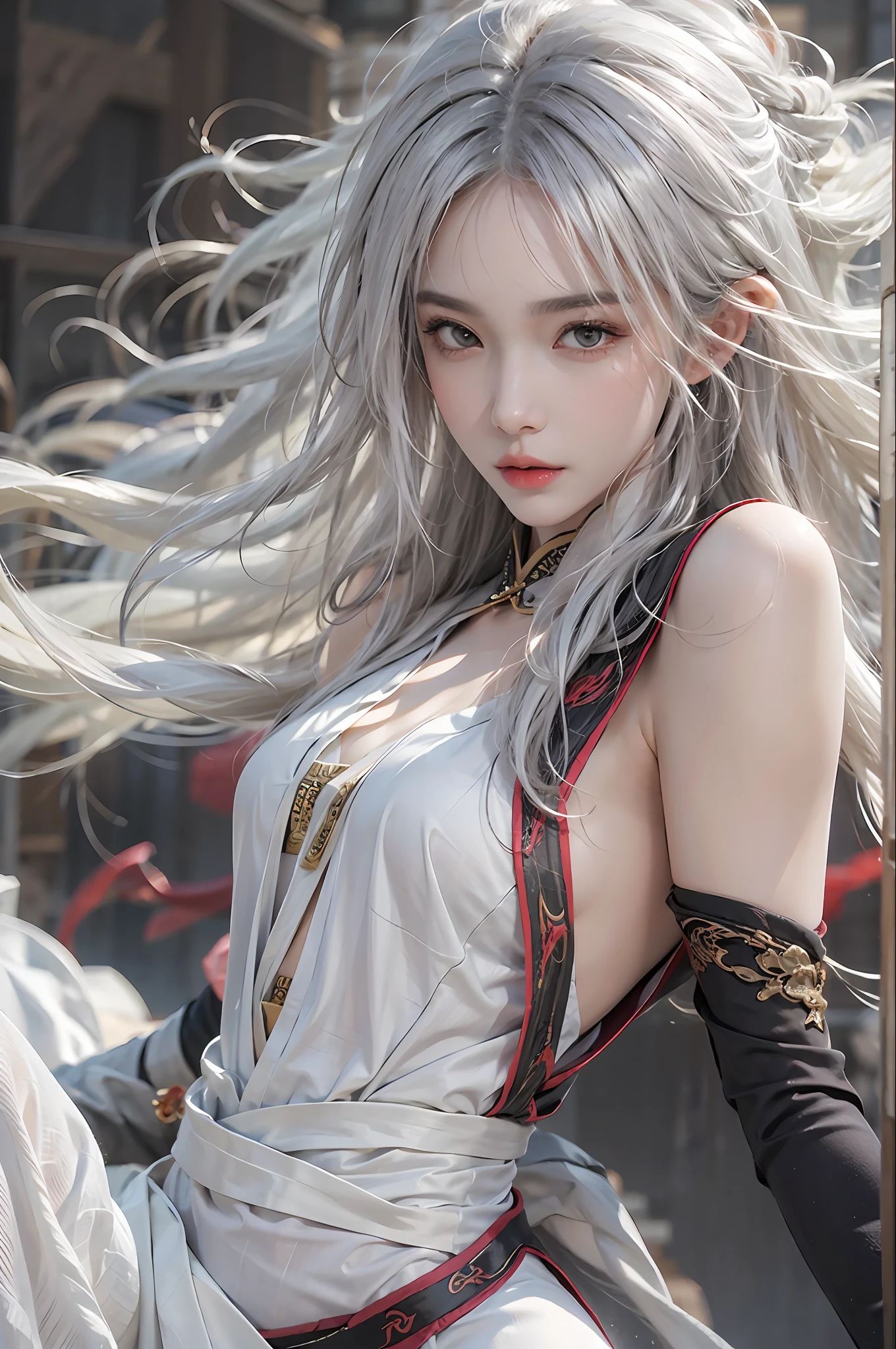 photorealistic, high resolution, 1 women, solo, hips up, look at viewer, (detailed face), white hair, long hair, medium breasts, black kungfu clothes