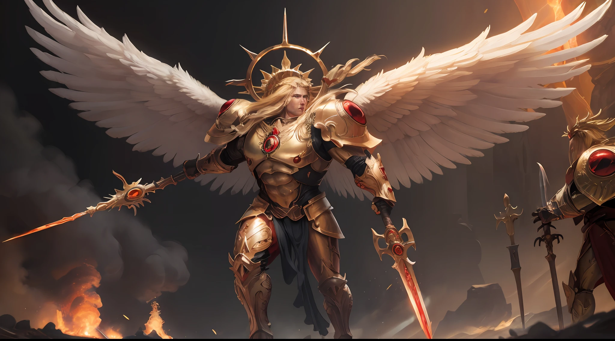 8K masterpiece, detailed, realistic, digital art, octane render, trending on artstation, action SHOT, movie poster,
multipleman, angelic features , 28 years old, tall stature, battle aged, ((solo:1.5)), full body, blonde hair, blue eyes, long hair,
full armor, power armor, laurel wreath, glowing halo, multiple wings, pauldron, angel, animal pelt, sword, spear, 
blood, flame, destruction, desert wasteland, war background,  dueling enemy, hectic battle,  
(sanguinius),