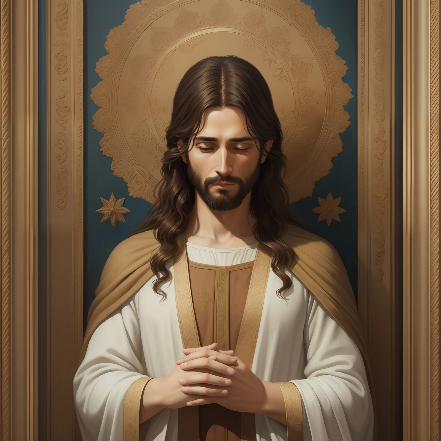 A beautiful ultra-thin realistic portrait of Jesus, the prophet, a man 33 years old Hebrew brunette, short brown hair, long brown beard, wearing long linen tunic closed on the chest part, in front view, full body, biblical, realistic,by Diego Velázquez,Peter Paul Rubens,Rembrandt,Alex Ross,8k, Concept Art, PhotoRealistic, Realistic, Illustration, Oil Painting, Surrealism, HyperRealistic, pray , Digital art, style, watercolor, natural background, Praying ( Blessing woman)