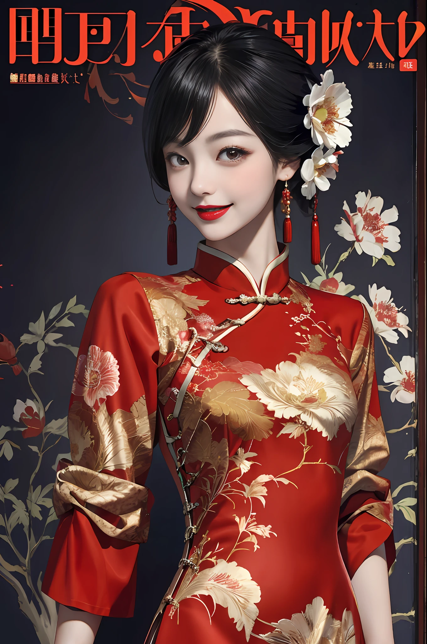 1girll,Upper body,fashi-girl,china dress,Chinese clothes,hair flower,(Masterpiece:1.4),(Best quality:1.4),(Shiny skin),Red lips,view the viewer,Smile，MagazineCover