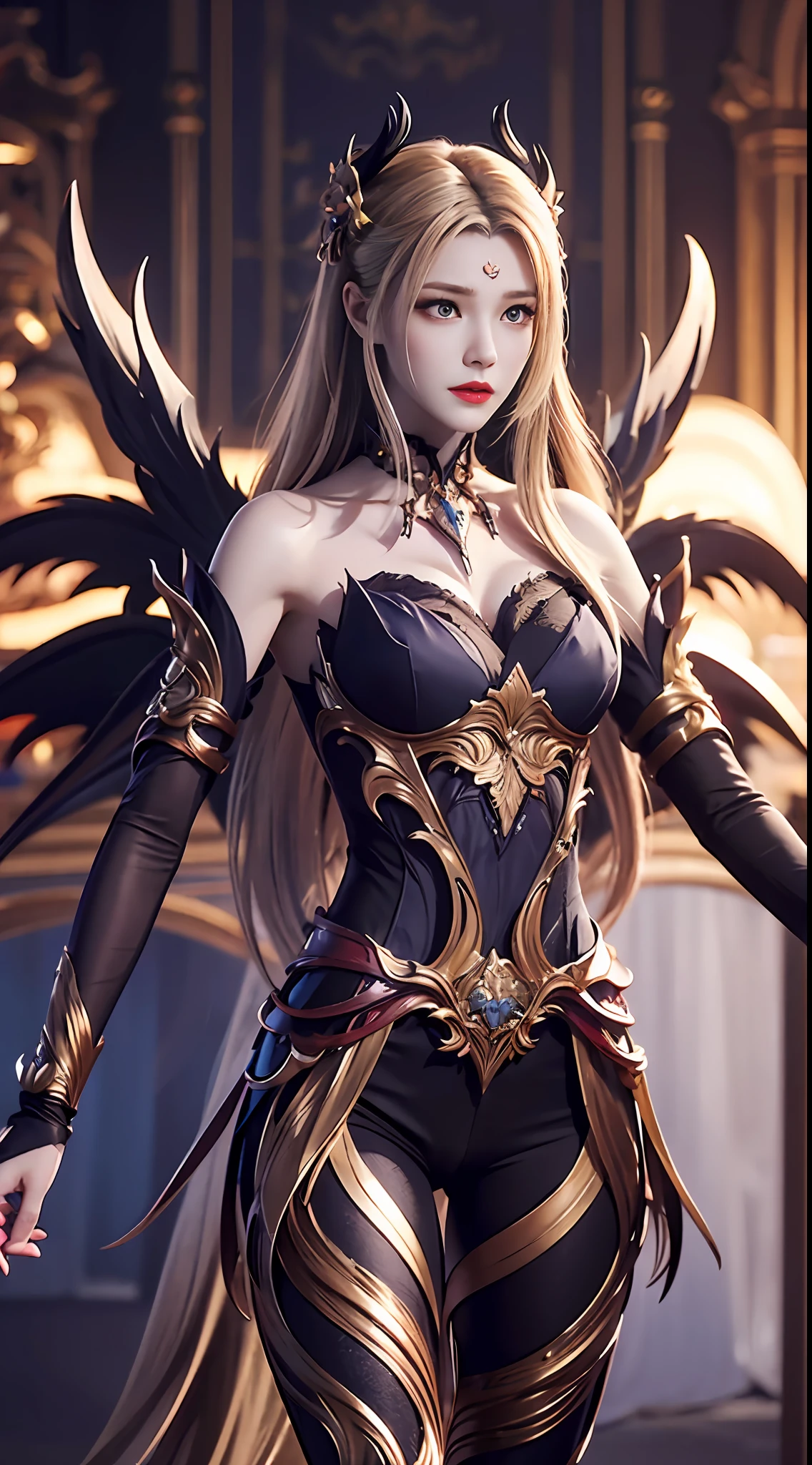 The girl Qiancheng Xue wears a long dress，Devil wings，Anime characters，metal decoration，long leges，extreme hight detail，Complex structures，ultraclear，Hairstyle Random，Hair color random，Realistic skin，8K quality，SENSE OF CINEMA，Fine-grained