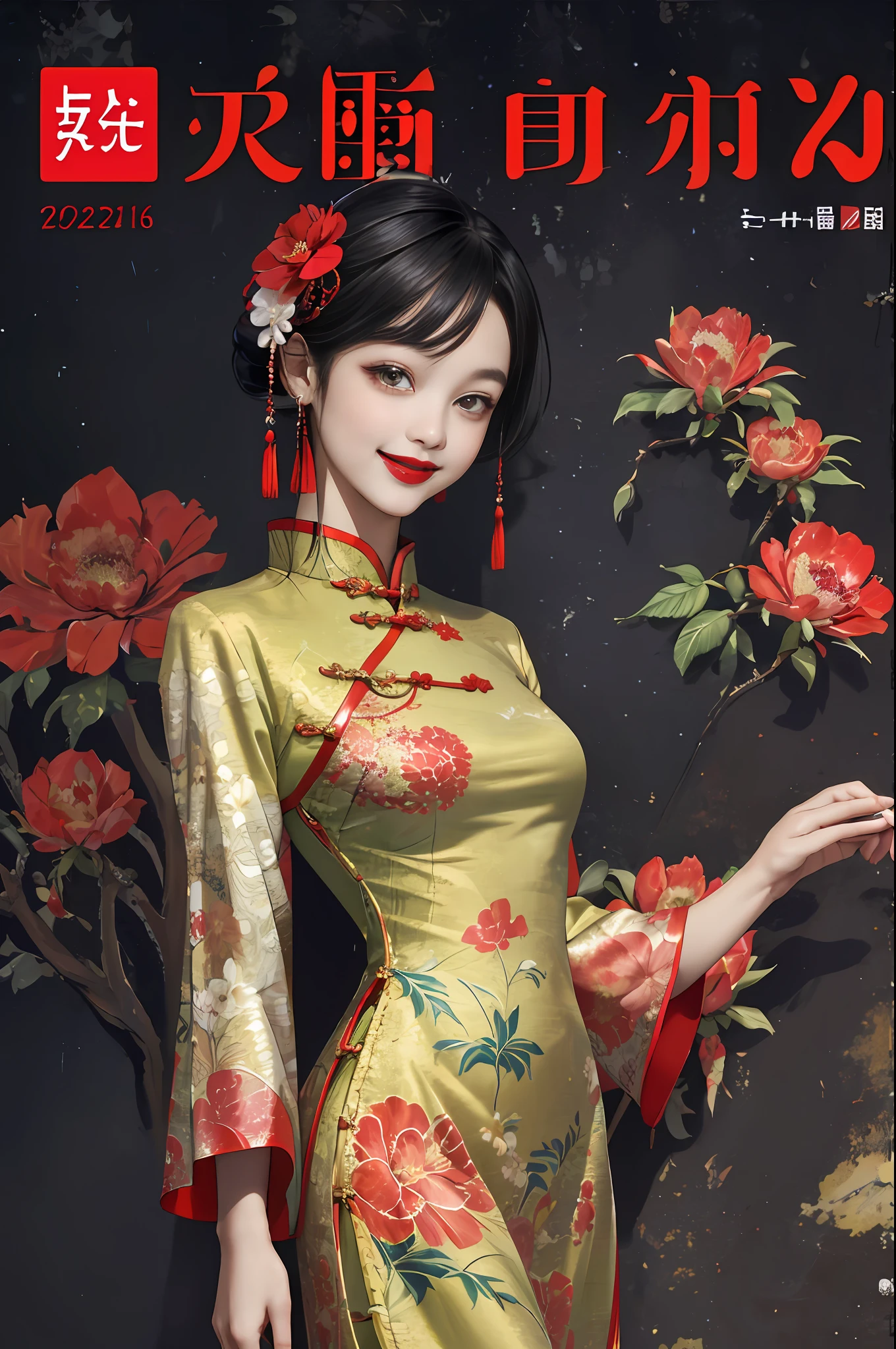 1girll,Upper body,fashi-girl,china dress,Chinese clothes,hair flower,(Masterpiece:1.4),(Best quality:1.4),(Shiny skin),Red lips,view the viewer,Smile,MagazineCover