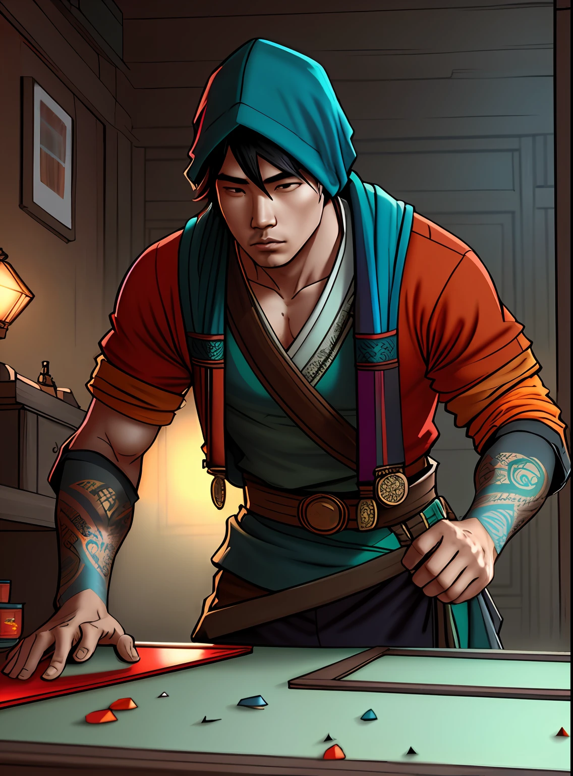 male people，asian descent，Round inches，redheadwear，epic，realisticlying，faded，com cores neutras，((((hdr))))，((((muted colors))))，intricate scene，artstation，ultra - detailed，Cinema lenses，Warm lighting，dramatic lights，Complicated details，vignet，the complex background，[[Teal and orange]]，Slate gray atmosphere