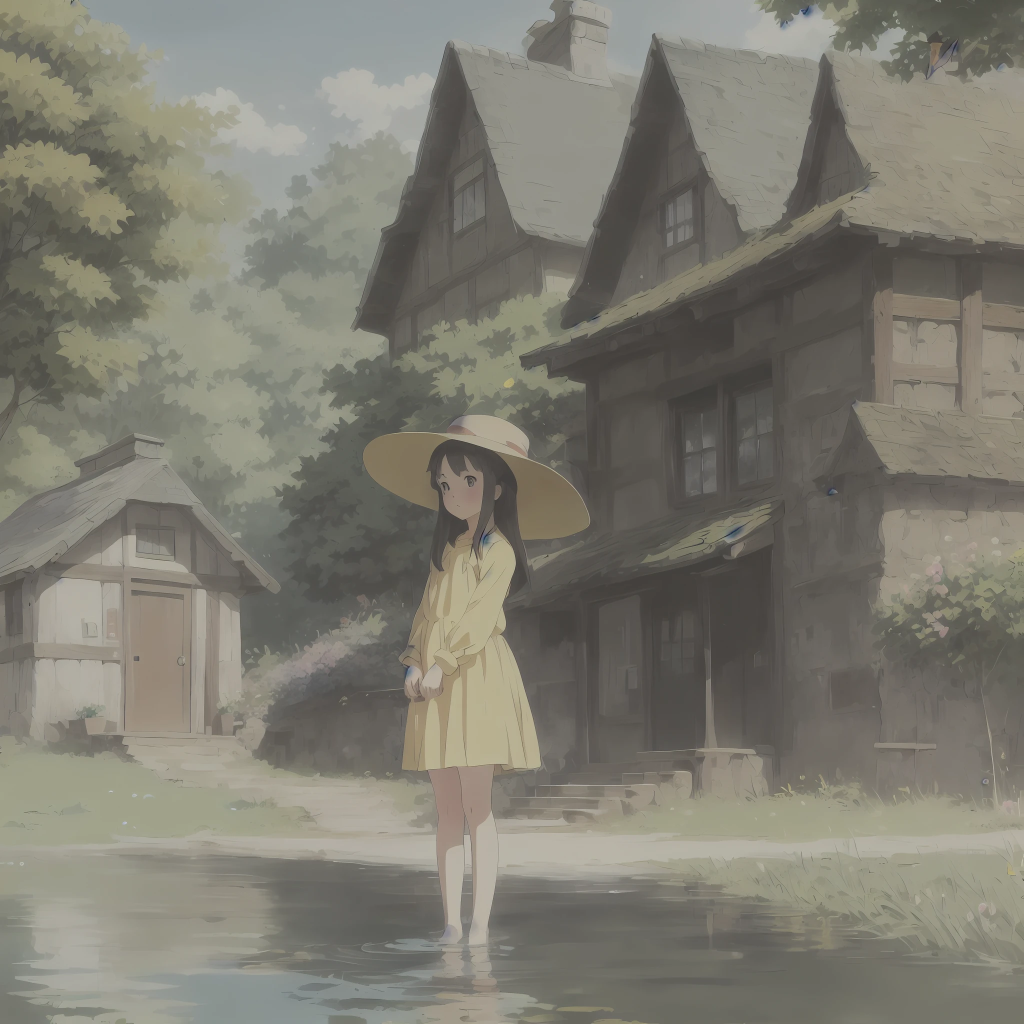 Painting of a 15-year-old girl in a yellow dress and hat standing in a pond, Black kitten nestling at your feet, anime film still, Cinematic Studio Ghibli Still, Studio Ghibli Sunlight, By Shinkai Makoto. - H 2160, style in ghibli anime style, style in ghibli anime,