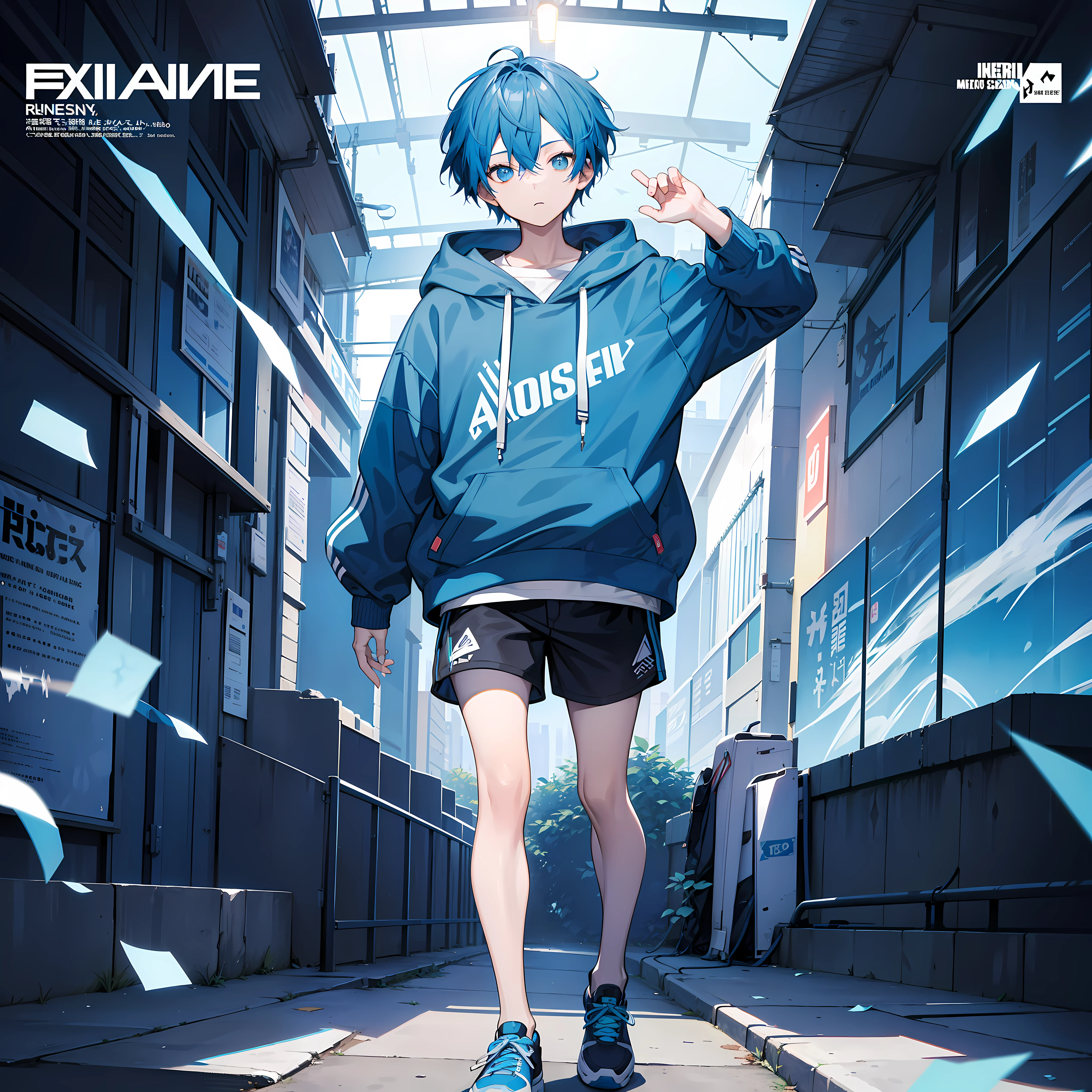 "Create a masterpiece with the best quality, showcasing a full-body shot of a stylish boy wearing a blue hoodie. The boy has a Boy Messy Japanese Round Haircut for Thick Hair and striking blue hair. He is wearing black shorts and exudes a solo and fashionable vibe. Amplify the impact with a magazine-like aesthetic, emphasizing it as a cover-style image.