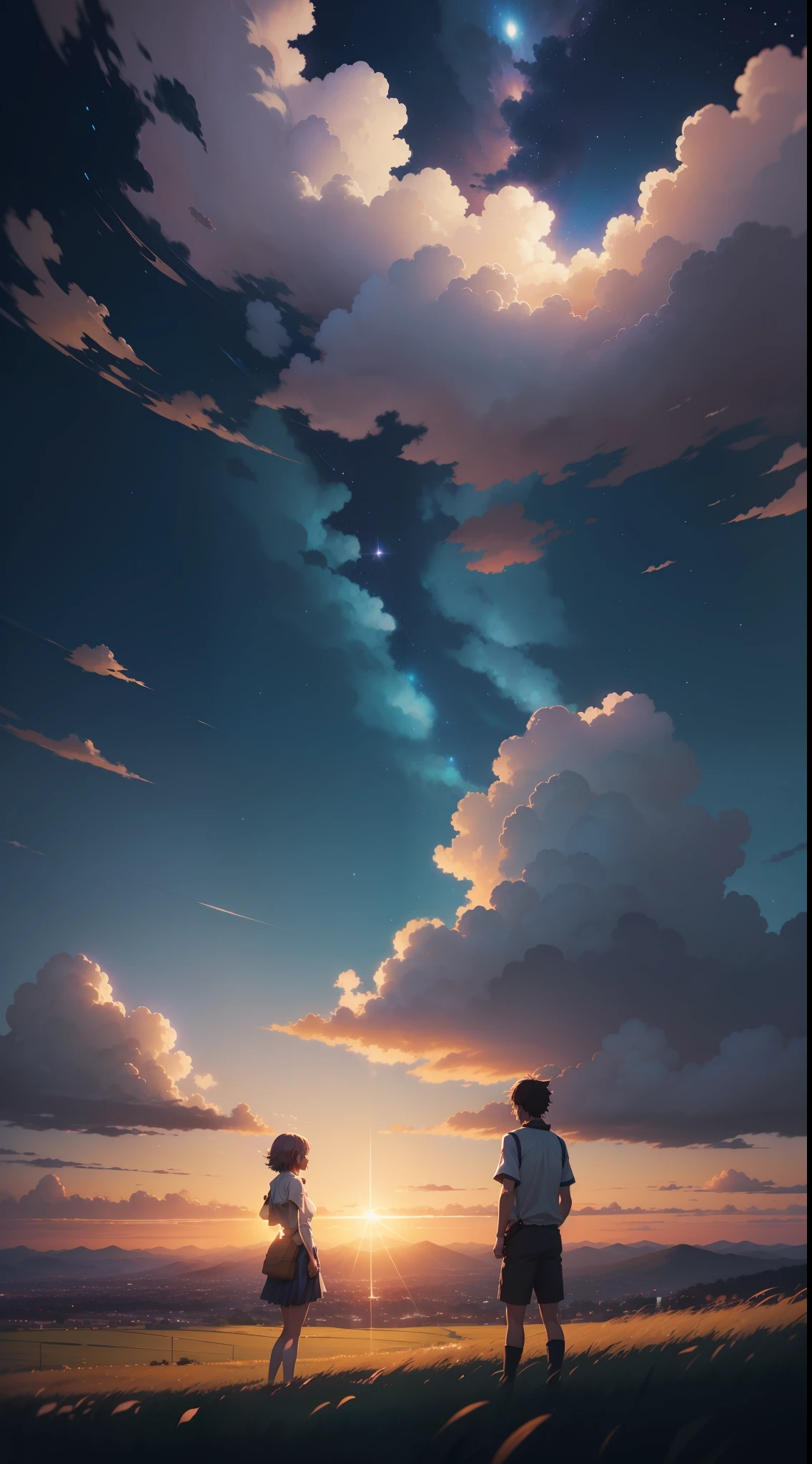 Anime scenario of two people standing on the grass looking up at the sky, noite, grama alta, cosmic skies. Por Makoto Shinkai, Makoto Shinkai Cirilo Rolando, Anime Nice Jantar, anime sky, papel de parede de arte anime 4K, papel de parede de arte anime 4K, papel de parede de arte anime 8 k, Nice Paz Jantar Anime, Not Makoto Shinkai style, papel de parede anime 4k