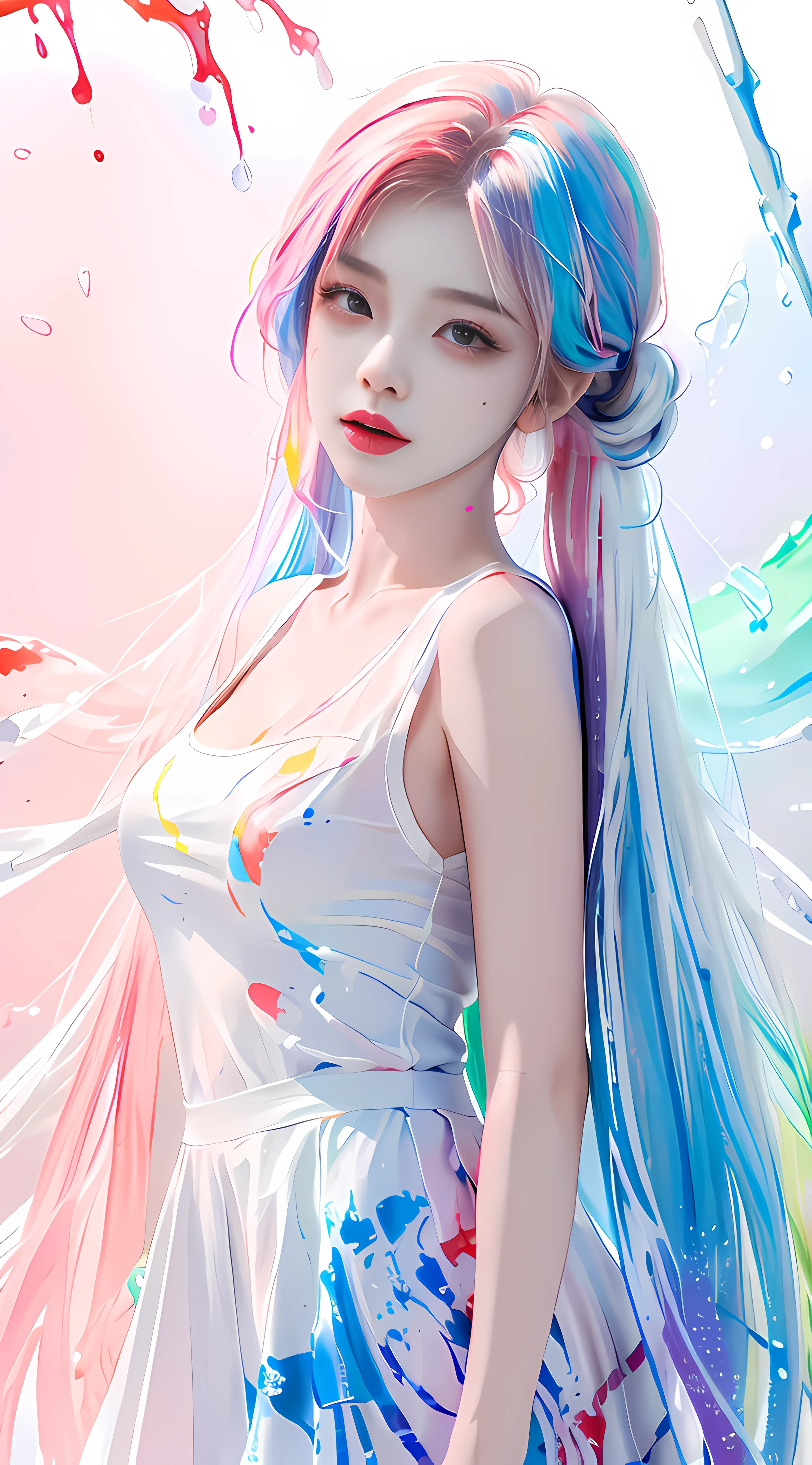 (Masterpiece, Best Quality, High Resolution), White Background, ((Paint Splash, Color Splash, Splash of Ink, Color Splash)), Sweet Chinese Girl, Rainbow Hair, Pink Lips, Front, Upper Body