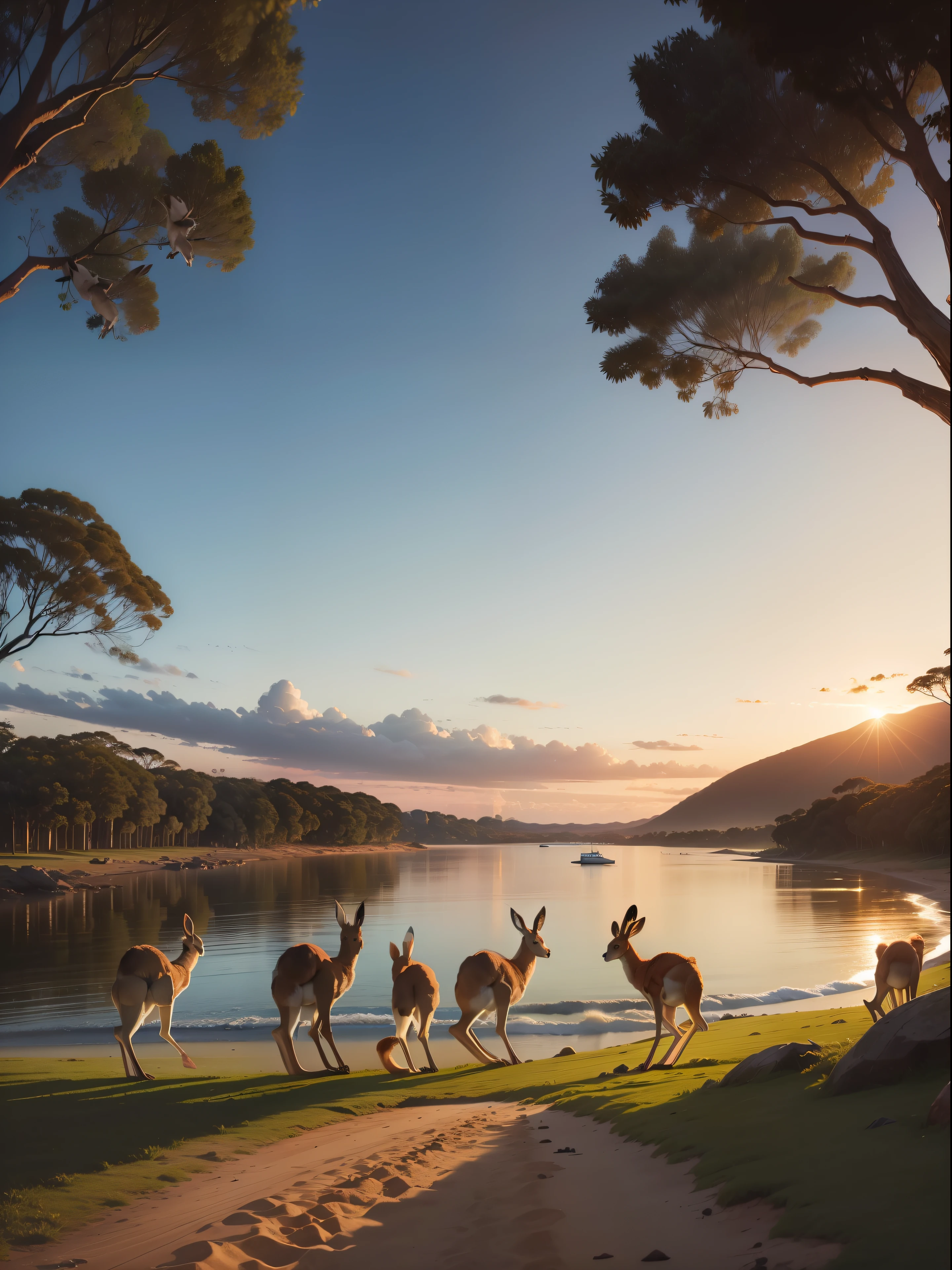 large herd of kangaroos standing up on a beach in a line facing at the camera with greenery in background, (((camera facing kangaroos))), subject : kangaroos, baby in pouch, national geographic, cinematic, aussie, curious animals, australia, sunset, beautiful landscape, vibrant sky, (((greenery))), (((wide shot))), wildlife, proud looking, hyper realistic photo, 8k, high resolution, (((kangaroos))), clear faces, kangaroo fur, realistic