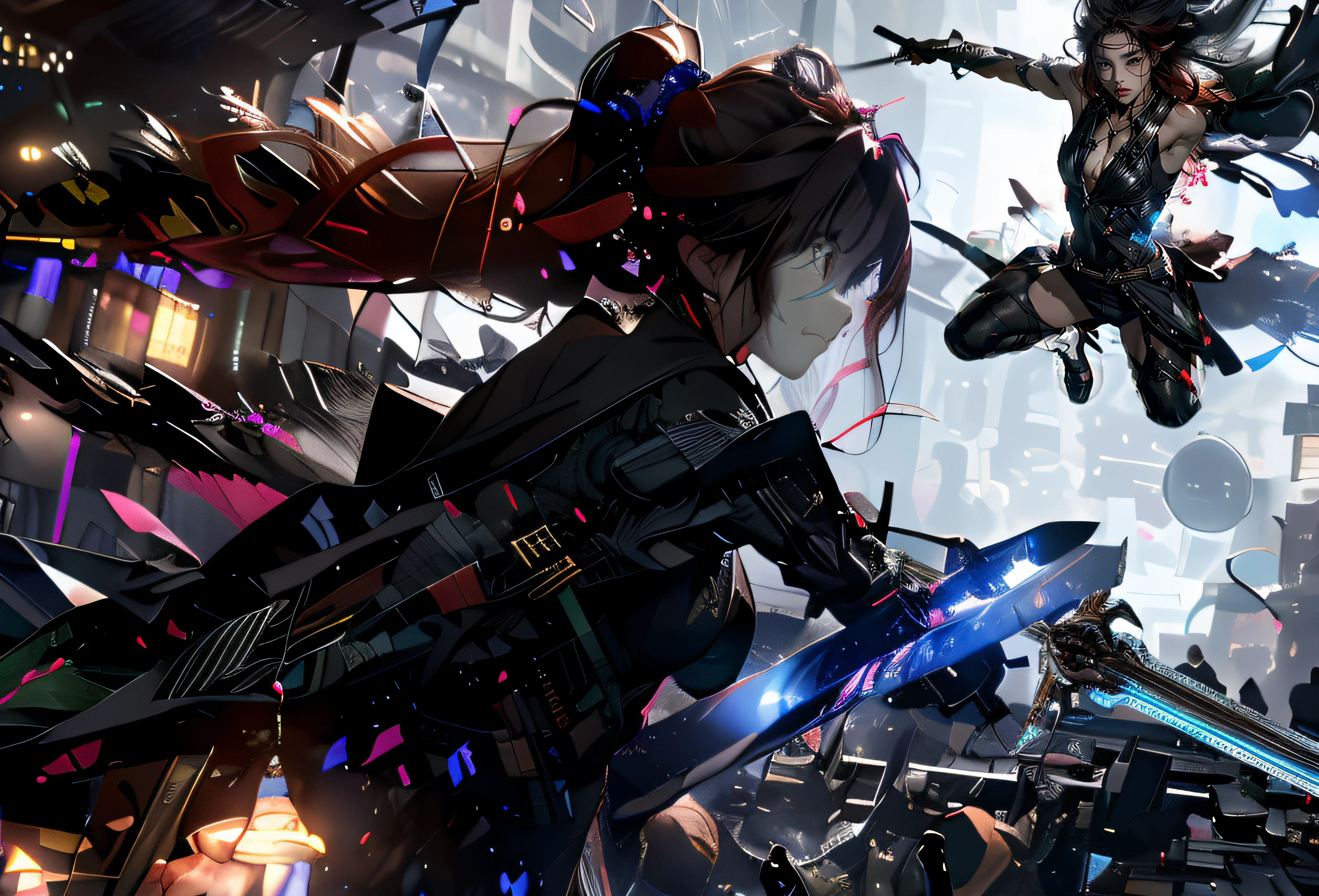 {{{looking at the distance}}},(((full bodyesbian))),{{very wide wide shot}},{{From below}},((Dutch angle)),((Perspective)),,((The course of the battle)),Two-player battles,Reflective floor, A masterpiece of mirrored textured flooring, best qualityer, best qualityer,Amazing,((2girls)),combat scene,finedetail,depth of fields,extremely detailed wallpaper CG unity 8k, Masterpiece, full bodyesbian,(Loli),(whaite hair), red streaked hair, Red eyes, (full bodyesbian),red hair, (((with sword))), Angry face,(美丽细致的眼睛), Blood drop,Blood fog, floated hair,light shafts, soft focus, character focus,messy hair,with long bangs, hairs between eyes, view the viewer,lowing hair, Floating, Splashing blood,Long hair,(blood stain)