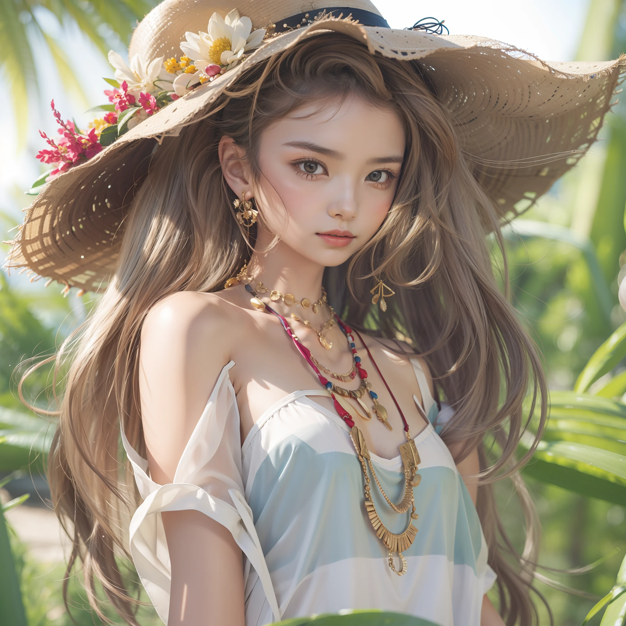 (masterpiece:1.2、top-quality)、garments:See-through、a wide-brimmed hat、and strappy sandals、 accessory:shell necklace、 The hair:Loose wavy ponytail、 make - up:natural, Glowing skin、 BEReaction:relax、easygoing、Free-spirited、 The location:the beach、Resort、outdoor festival、Akame、Colossal tits、