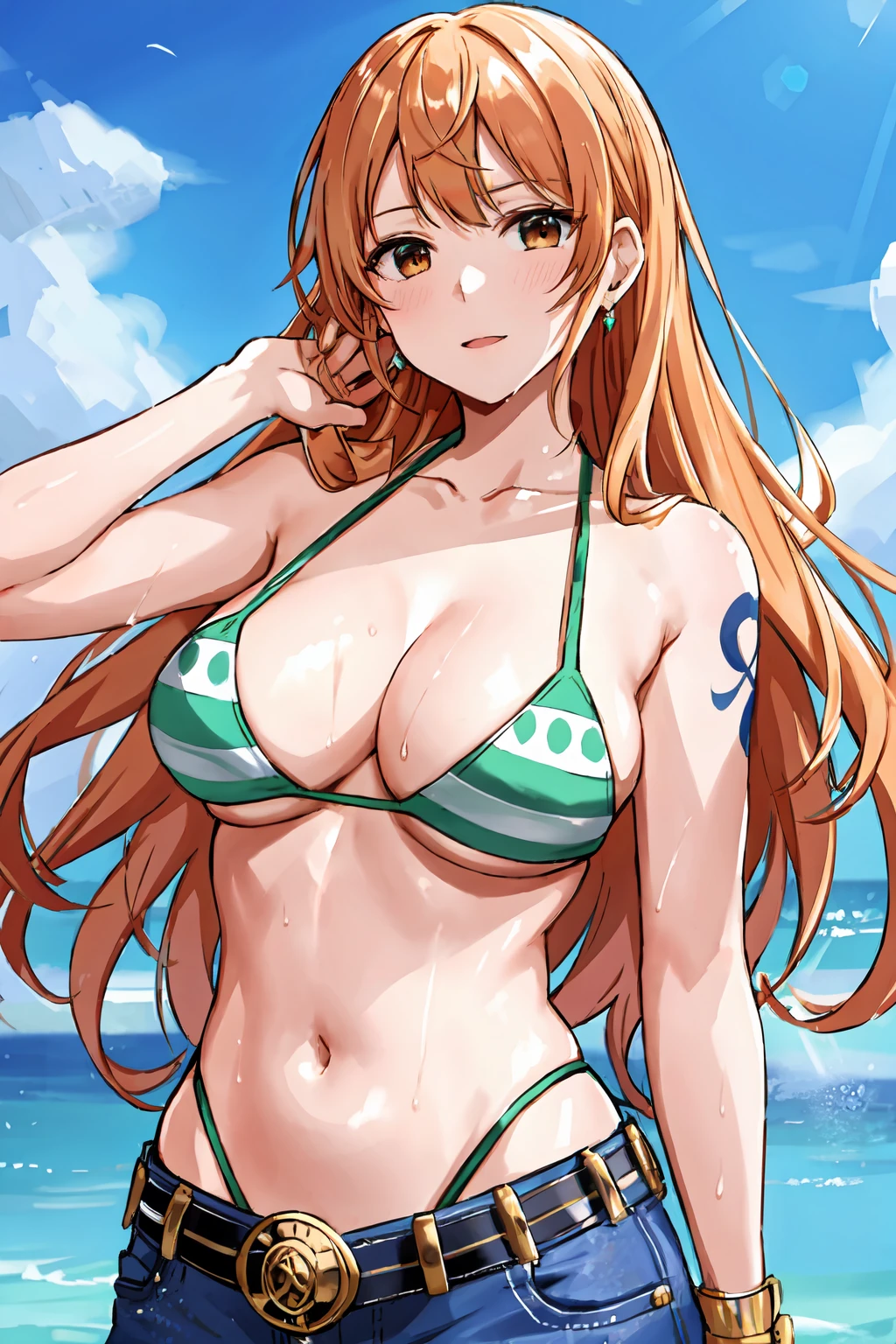 detailed background, masterpiece, 4k, best quality, late youth, adult, wrestler body, 1girl, active, energic, uppercut, (large mouth) , solo, nami \(one piece\), 1girl, bangle, (very wet, drenched in sweat, sweat all over body, very wet hair, tired, taking breath, open mouth, sweaty face, sweaty body, panting, sweating too much, shiny sweat, sweat stains, leaning forward, tilting, both hands waving good bye, both hands up, bruises on body), perfect detailed face, bold drawing lines, muscular arms, detailed bold arm lines, flat jaw, adult woman, wavy wide streaked bangs,(very long left side bangs, lock of hair upward), floating bang streaks, (big cheeks), bare shoulders, off-shoulders, belt, bikini, bikini top only, blue sky, bracelet, springy breasts, breast lines, big round eyes, plain big brown shiny eyes, bubbles, high eye position, cleavage, cloud, day, denim, earrings, floating hair, shiny hair, green belt, green bikini, bold groin lines, jeans, jewelry, large breasts, log pose, long hair, looking at viewer, navel, wet hair, orange hair, pants, shoulder tattoo, sidelocks, sky, solo, standing, stomach, swimsuit, tattoo , looking at viewer, open mouth, detailed left arm, big forehead, hourglass figure, small head, toned body, wide hair, wind effect, sun effect, under the sun, narrow small ears angle, older, random poses,