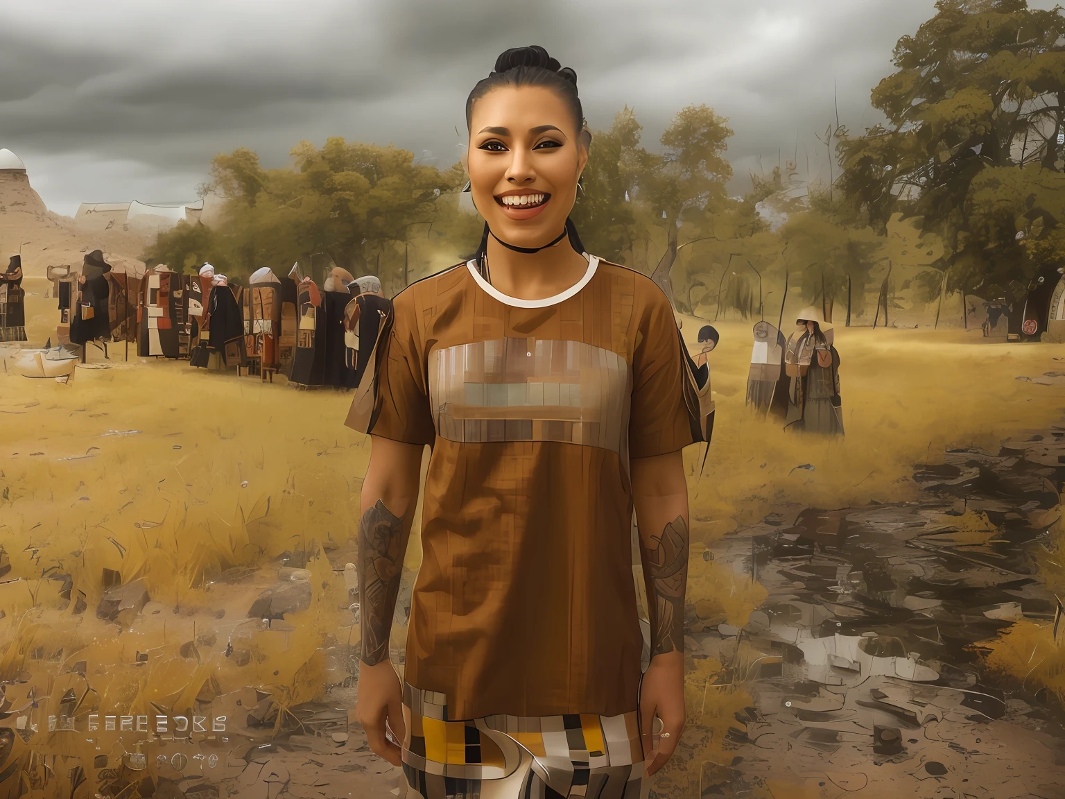a portrait photo of CallingBull smiling, tattoo, ((((fUkrainian folk dress)))), pronounced feminine feature, insane details, intricate details, hyperdetailed, complex background, medieval tavern, indoor, in the style of greg fredericks