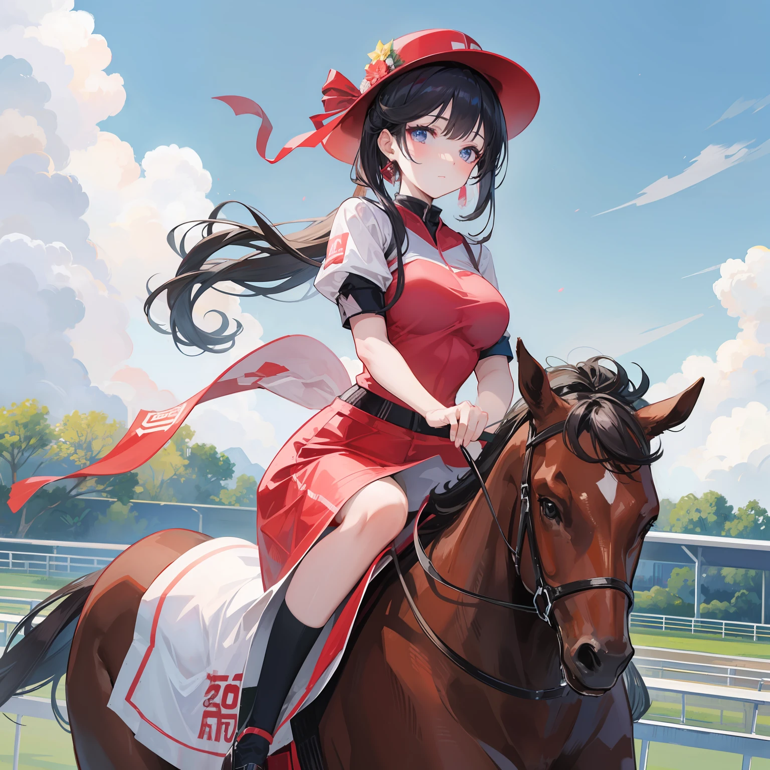 Beautiful woman riding a racehorse。animesque。horse racing。