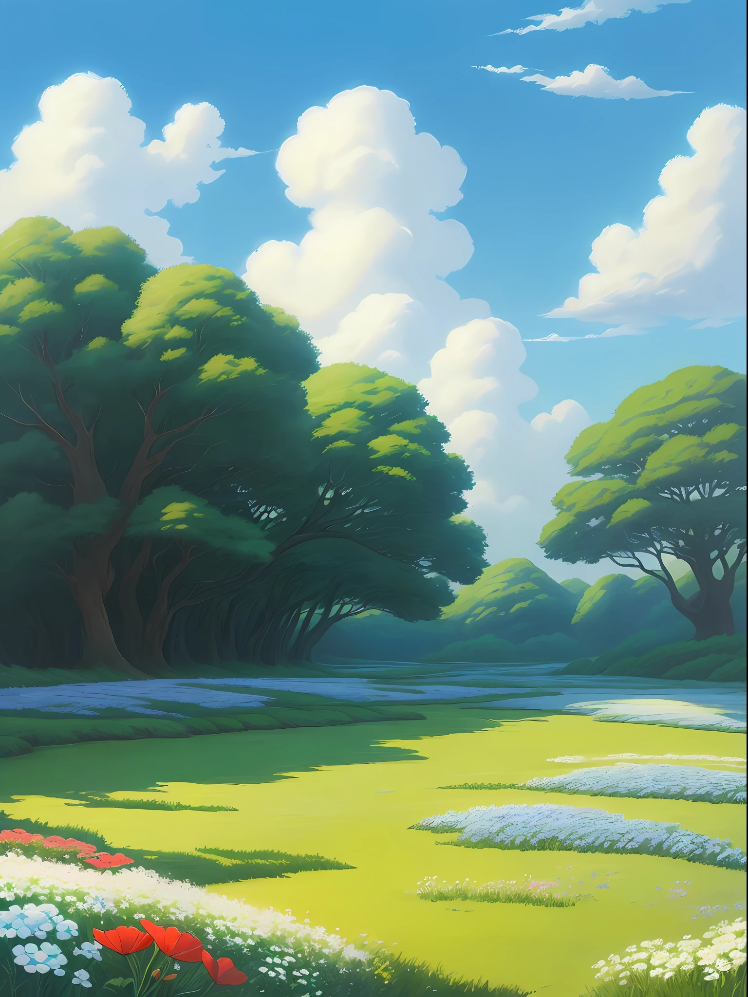 Realistic, authentic, beautiful and amazing landscape oil painting Studio Ghibli Hayao Miyazaki's petal grassland with blue sky and white clouds --v6