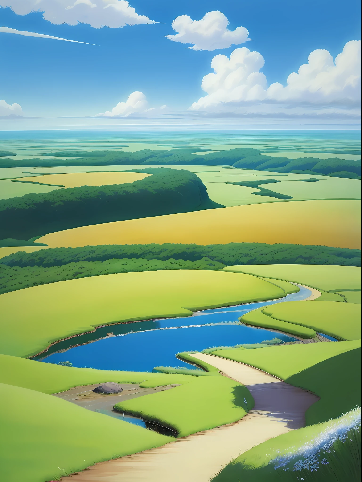 Realistic, authentic, beautiful and amazing landscape oil painting Studio Ghibli Hayao Miyazaki's petal grassland with blue sky and white clouds --v6