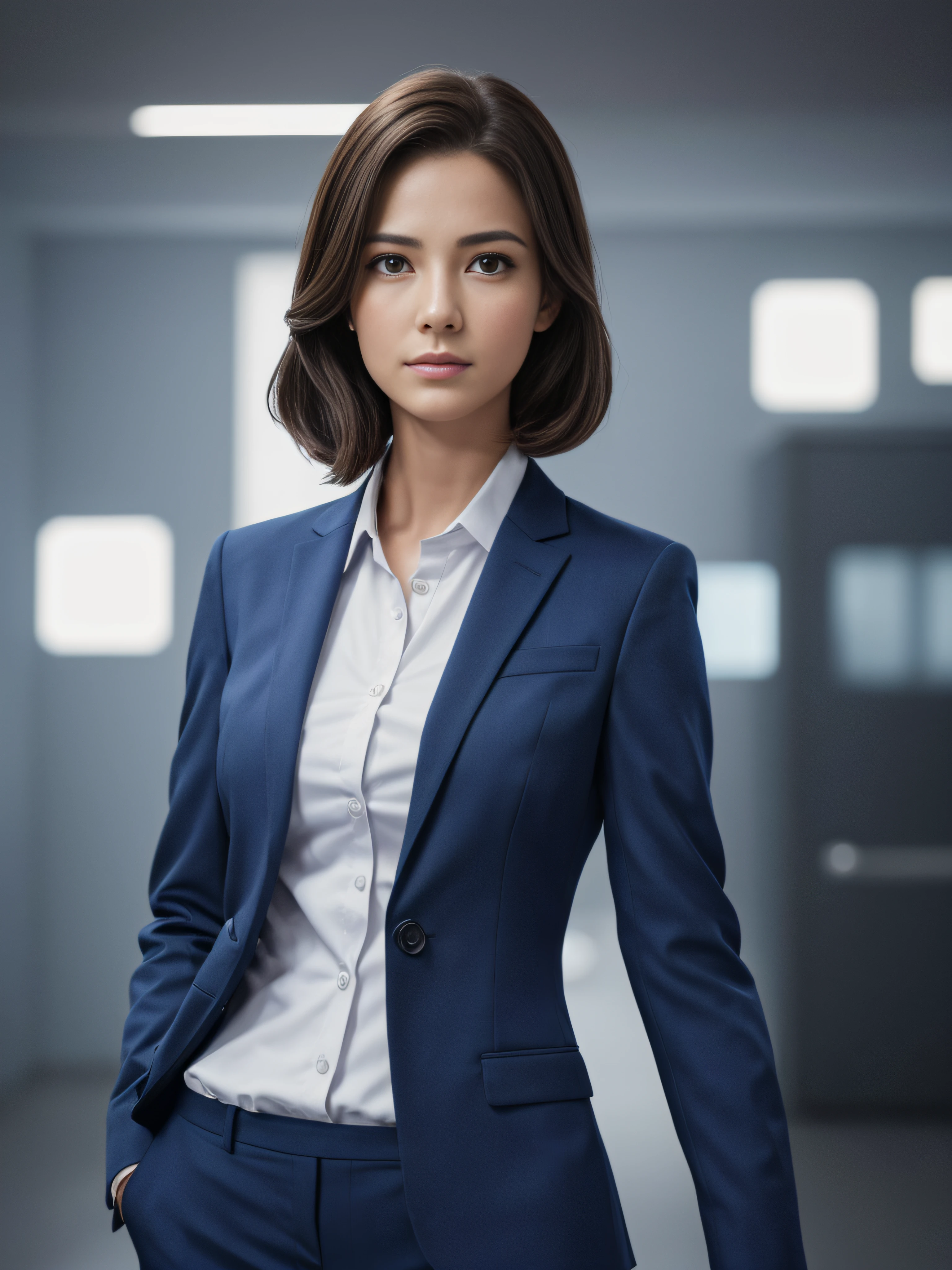 a woman standing with 20 years in suit and tie, body and head straight in the photo, facing the viewer of the photo, eyes fixed to the lens, appears shoulders and head in the photo, woman centered in the photo, 8k, best quality, masterpiece, realistic, realistic photo, movie photo, ultra realistic, 1 person, detailed, perfect lighting, DSRL, professional photo, 4k, Blue lighting