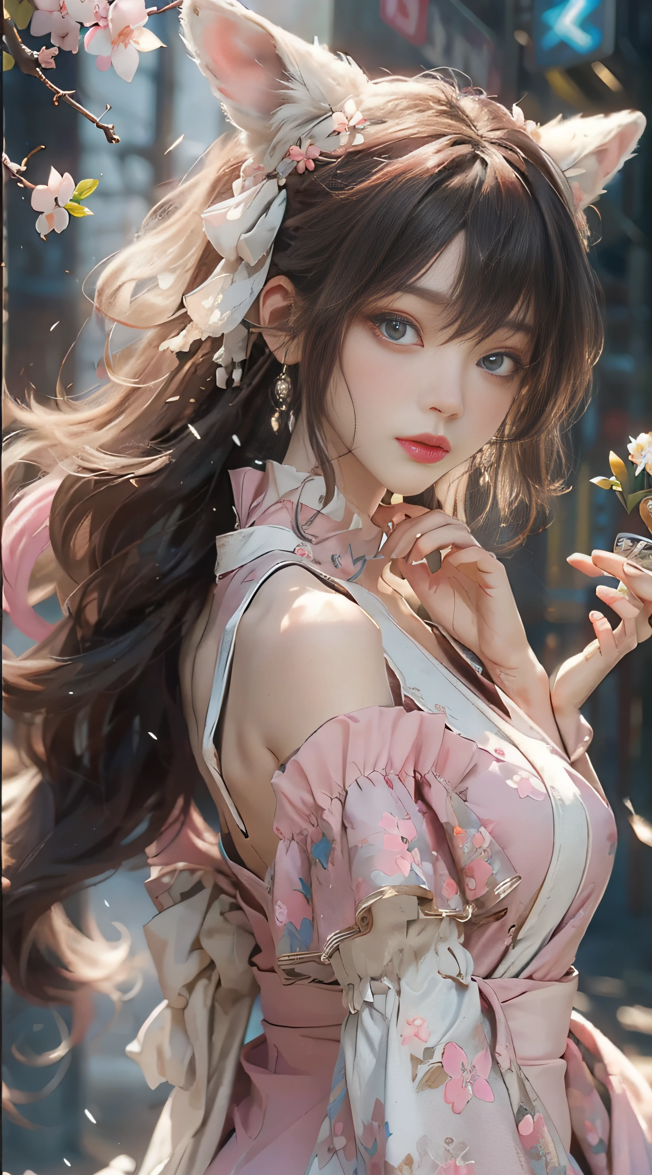 （（best qualtiy））， （（tmasterpiece））， （detail：1.4）， Beautiful cyberpunk female images，hdr（HighDynamicRange），Ray traching，NVIDIA RTX，Hyper-Resolution，illusory 5，sub surface scattering，PBR textures，post-proces，Anisotropy Filtering，depth of fields，maximum definition and sharpness，Many-Layer Textures，Albedo e mapas Speculares，Surface coloring，Mitsu-Accurate simulation of material interactions，perfectly proportioned，rendering by octane，Two-colored light，largeaperture，Low ISO，White balance，Rule three points、8K raw data、Beautiful bright blue pupils，off-the-shoulder clothes，Fine pupils，Delicate face and eyes，long eyelasher，Blushlush，Delicate and fluffy hair，pink lip，Pure，Cute face，Sweet girl，Artistic sense，Casual wear，Advancedsense，butterflys，Cherry blossom petal，Beautiful hair accessories，Long hair and waist，Hair fluttering in the wind，Snow-white fox ears，curlies，Snow-white fluffy tail，Positive light，The light from the back window is backlighted